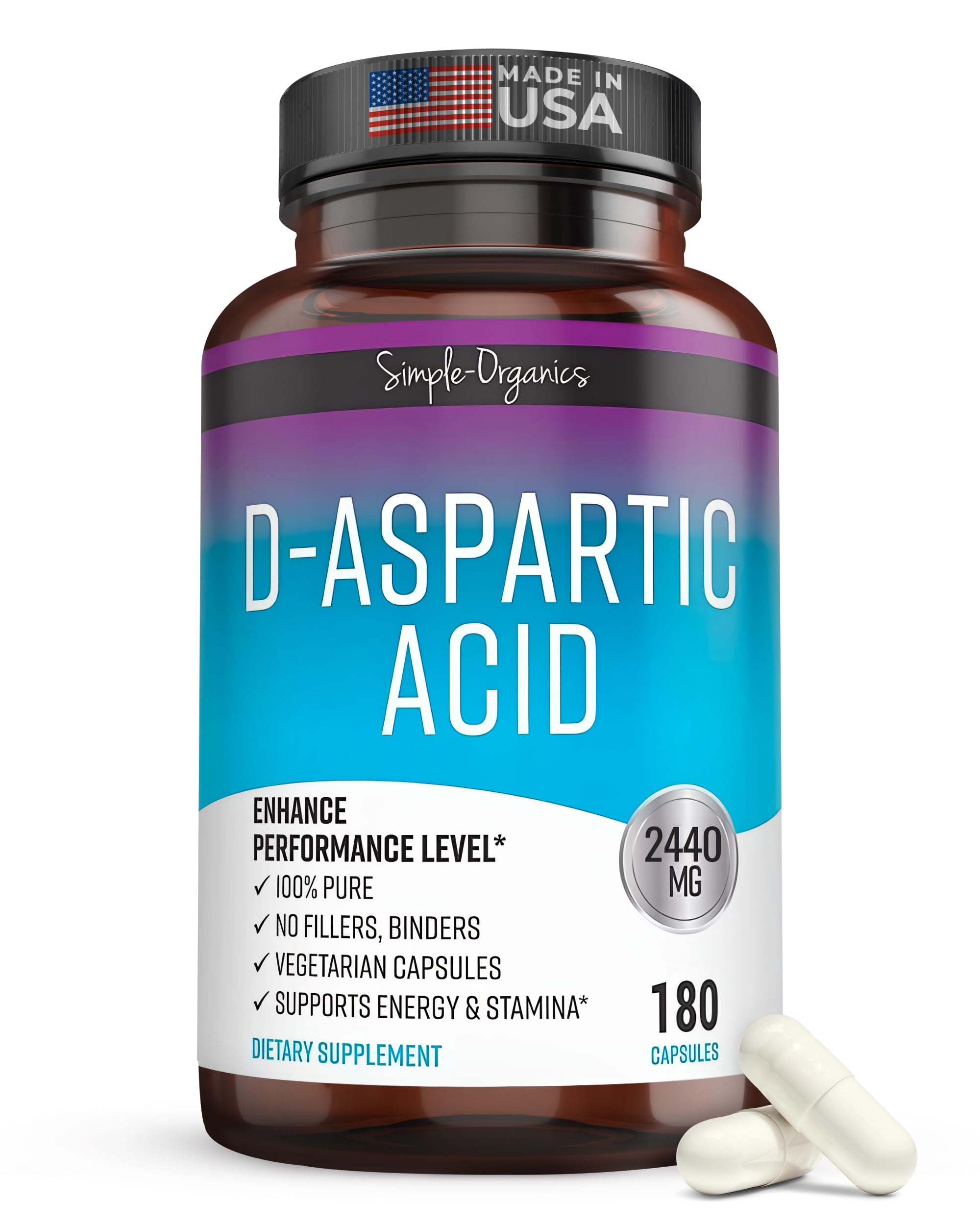 D-Aspartic Acid Supplement, No Gluten, Binders or Fillers, Dietary Pills for Energy Support, 3000mg D-Aspartic Acid per Serving, 180 Non-GMO Vegan Capsules
