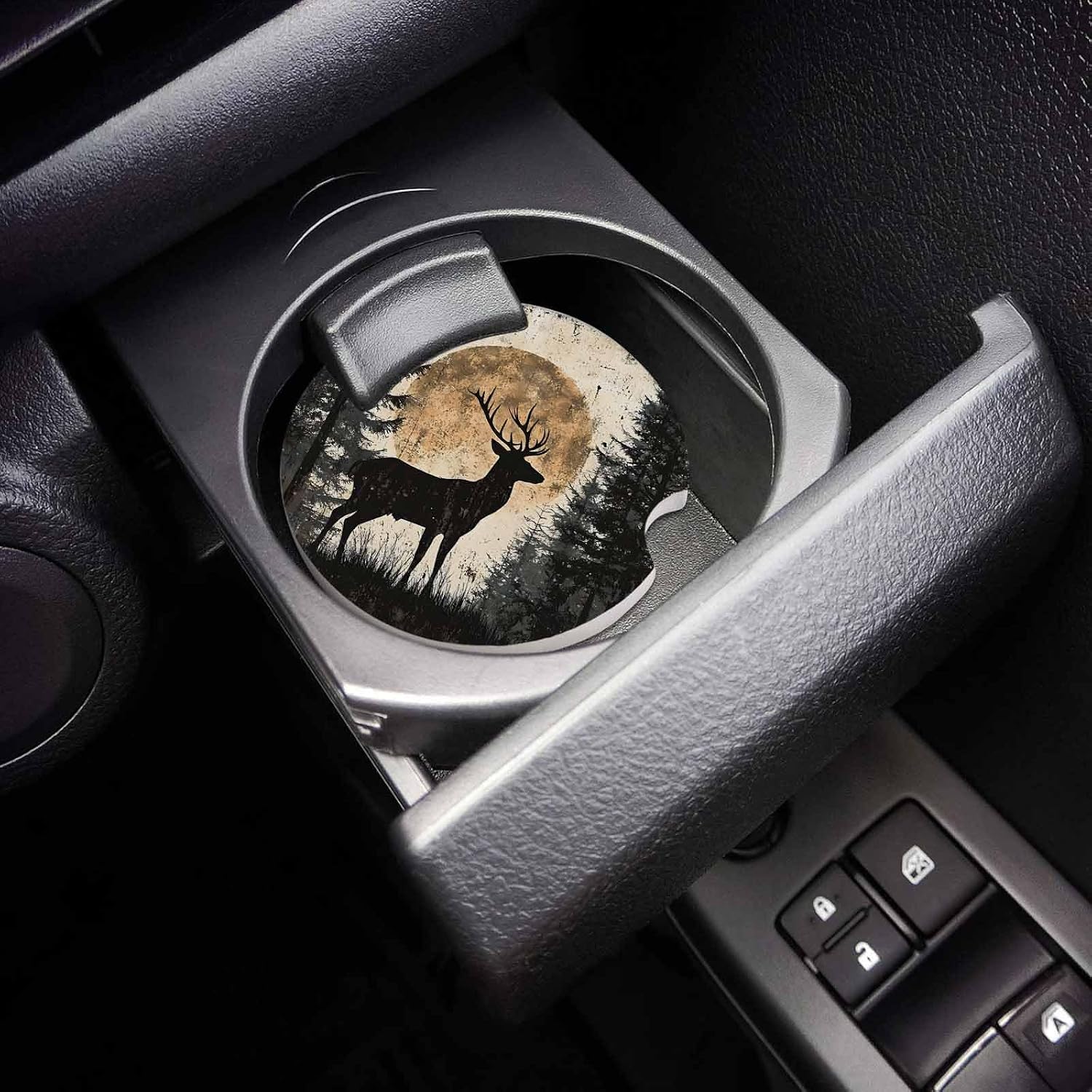 Boho Black Elk Car Cup Holder Coasters Set of 2, Vintage Rustic Country Forest Animals Absorbent Ceramic Stone Drink Coaster with A Finger Notch for Easy Removal of Auto Cupholder