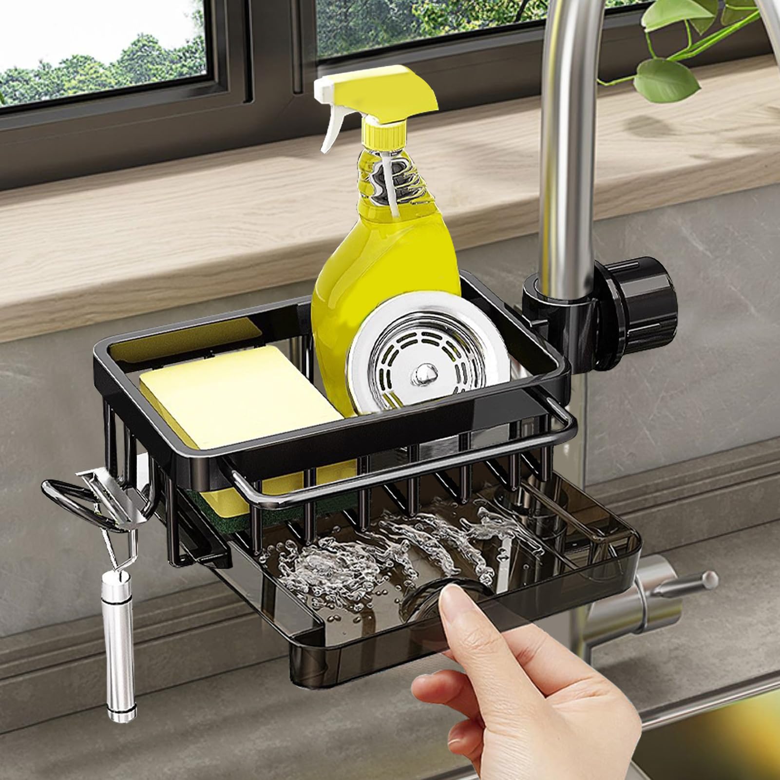 Sink Organiser, 360° Rotating Tap Organiser with Hooks, Kitchen Organiser with Drain Pan, Sink Cloth Holder with Towel Holder, Tap Organiser for Kitchen and Bathroom (Black)