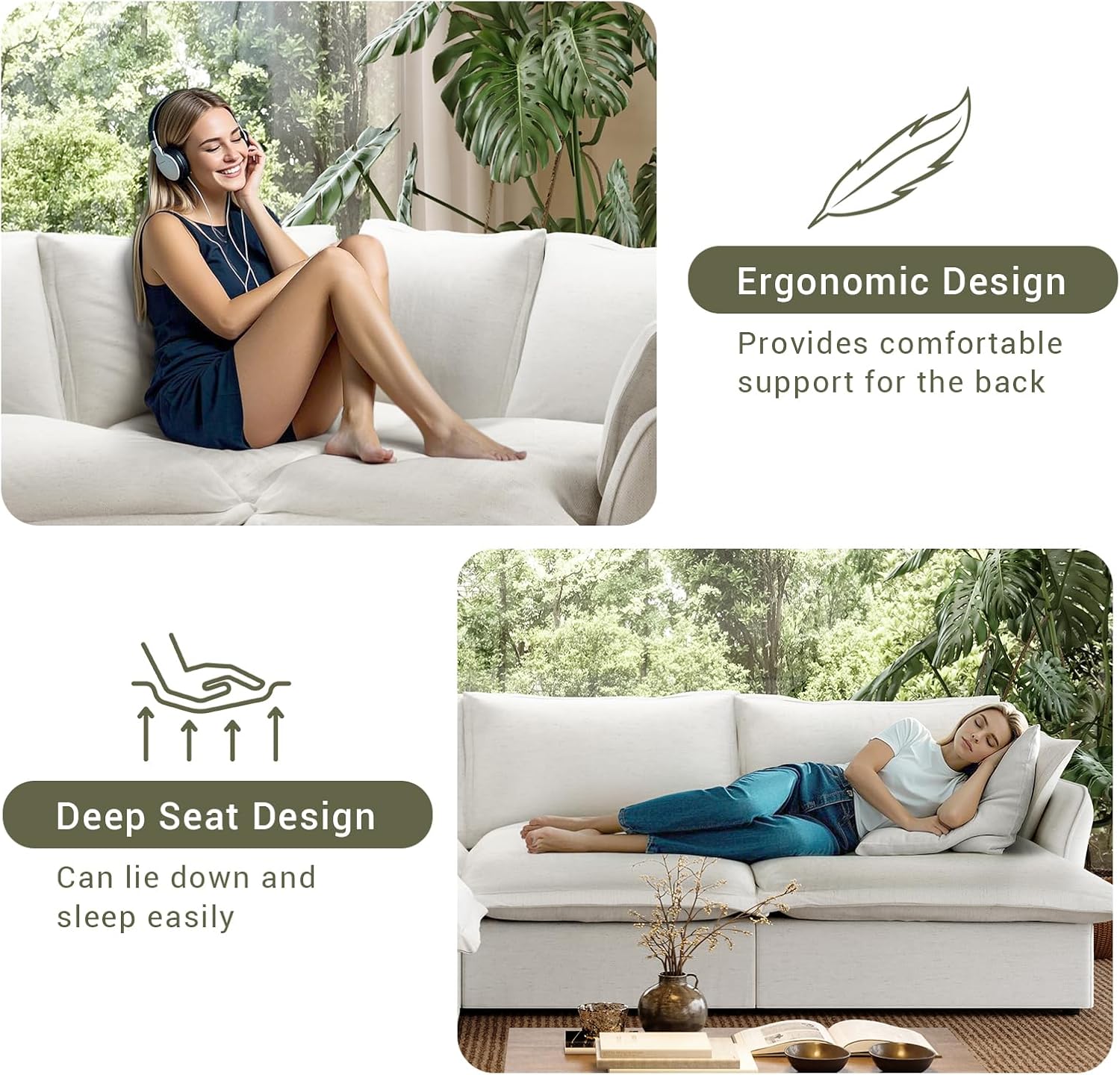 Linen Blend Cloud Couch Sectional for Living Room, Comfy Down Filled Cloud Modular Sectional Sofa, Modern Convertible Deep Seat Modular Couch Sleeper Sofa Bed, Removable & Washable Covers