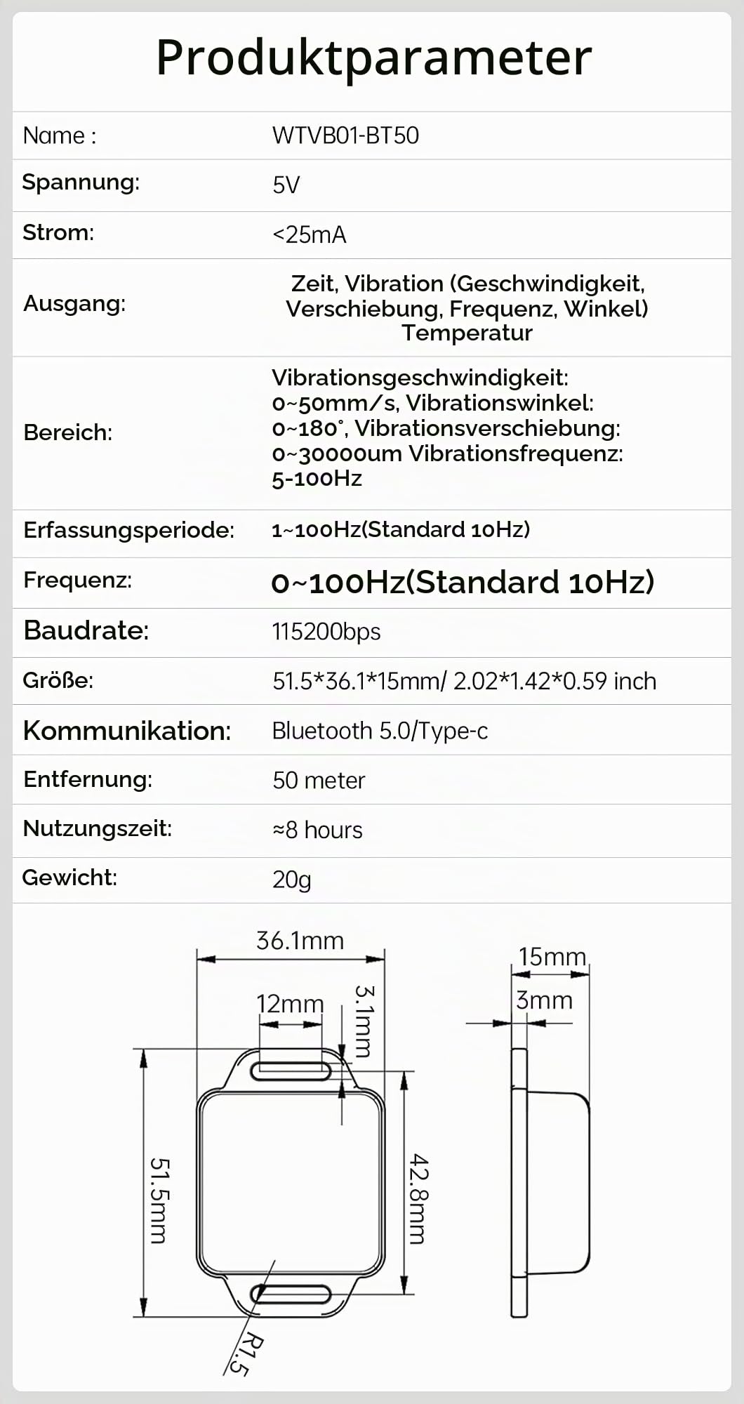 [BLE-Vibrationssensor] WTVB01-BT50 Smart-Vibrationsmodul, 3-Achsen-Vibrationsdetektor (Frequenz + Verschiebung + Geschwindigkeit + Winkel), drahtloser Stoßmotor-Monitor