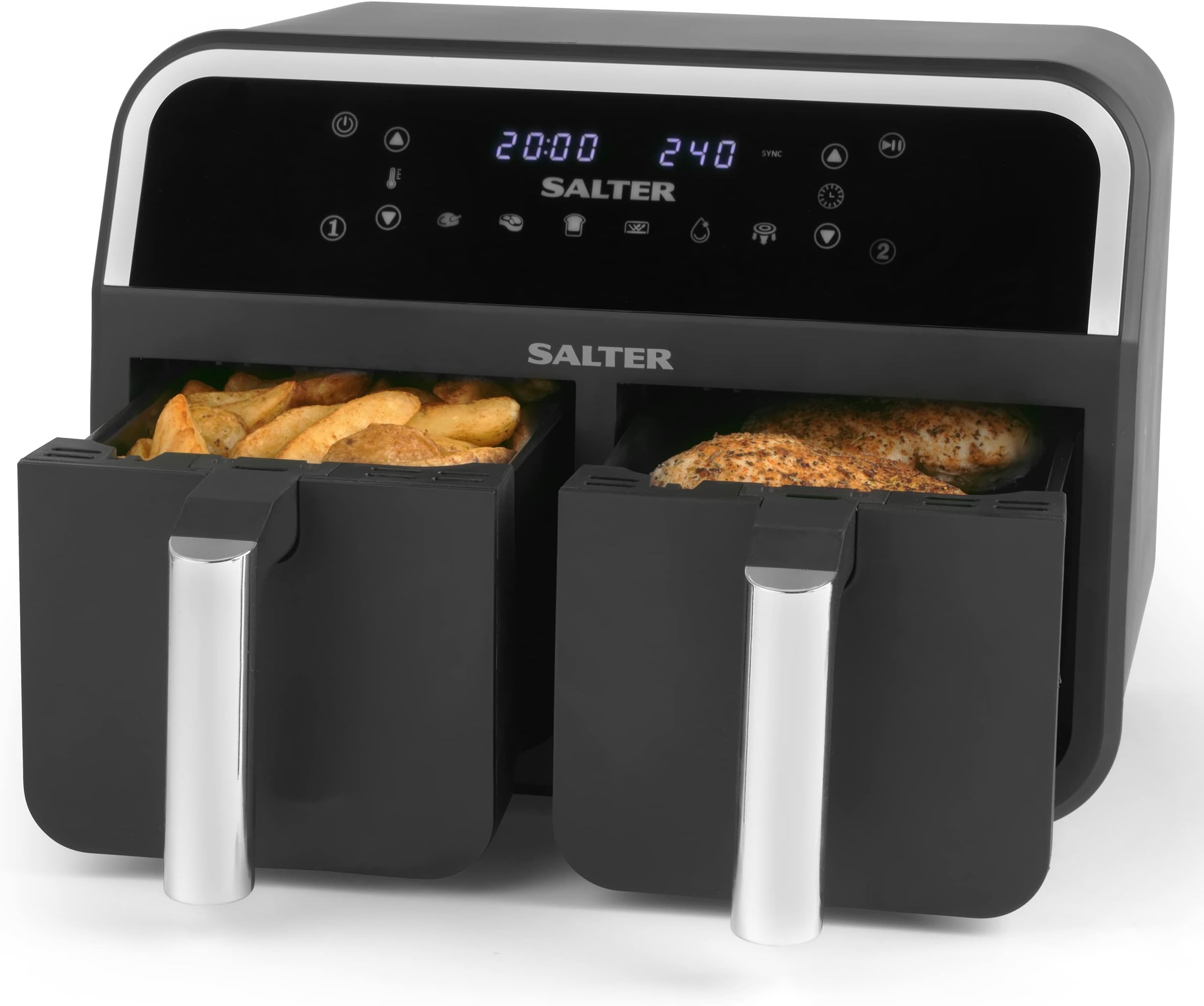 Salter EK4750 Dual Air Fryer - Double Drawer Fat Free Fryer, Non-Stick Cooking, 7.4 L Capacity, Sync & Match Cook Function, 2 Frying Trays, Sensor Touch Display with 6 Preset Functions, Oil Free Fryer