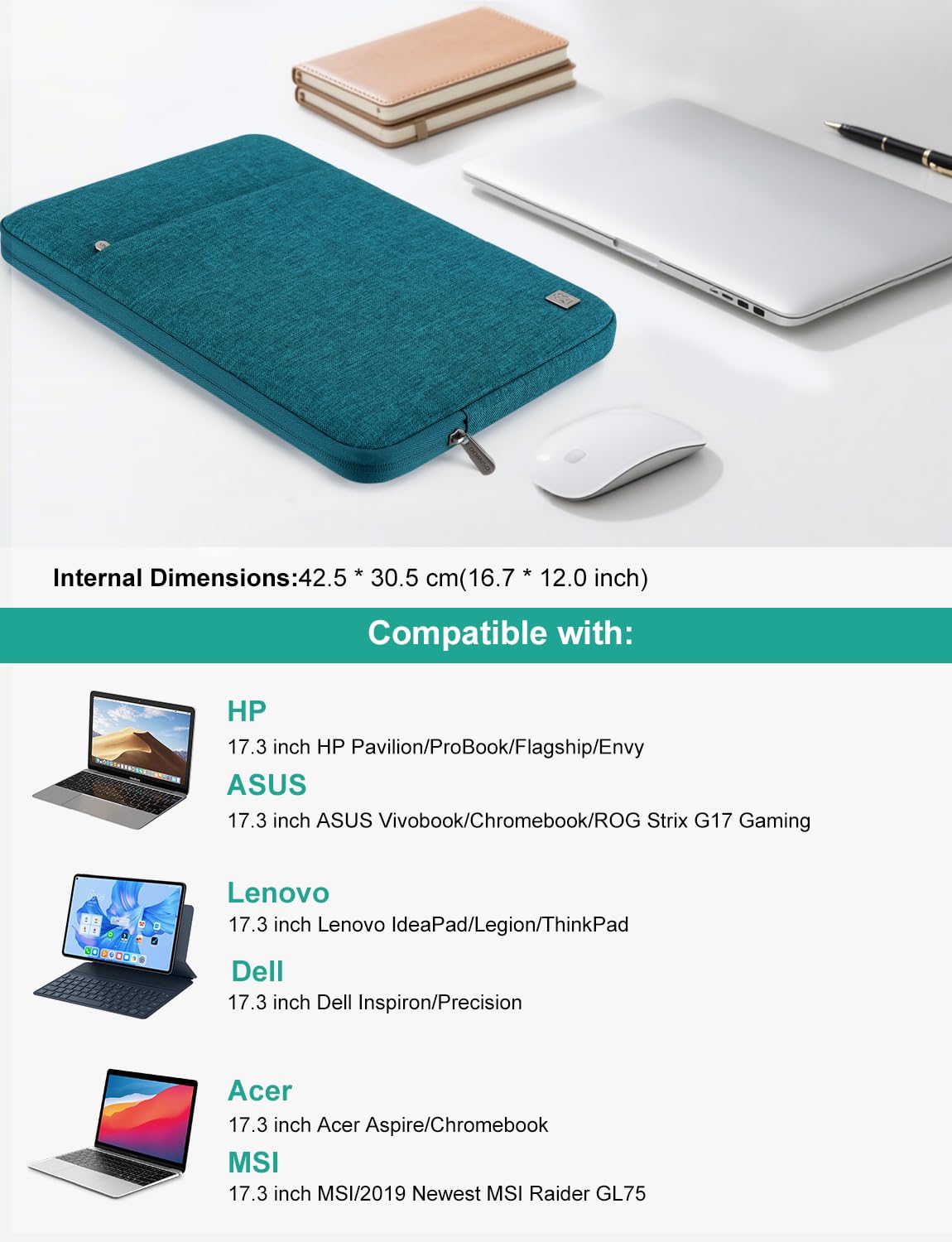 DOMISO Borsa Custodia PC 17 pollici per HP/Lenovo/Dell/ASUS/Acer/LG/MSI Gaming Laptop/Razer Blade 17/18 Notebook,Porta Computer Portatile Cover Laptop Case Sleeve per Uomo Donna,Turchese