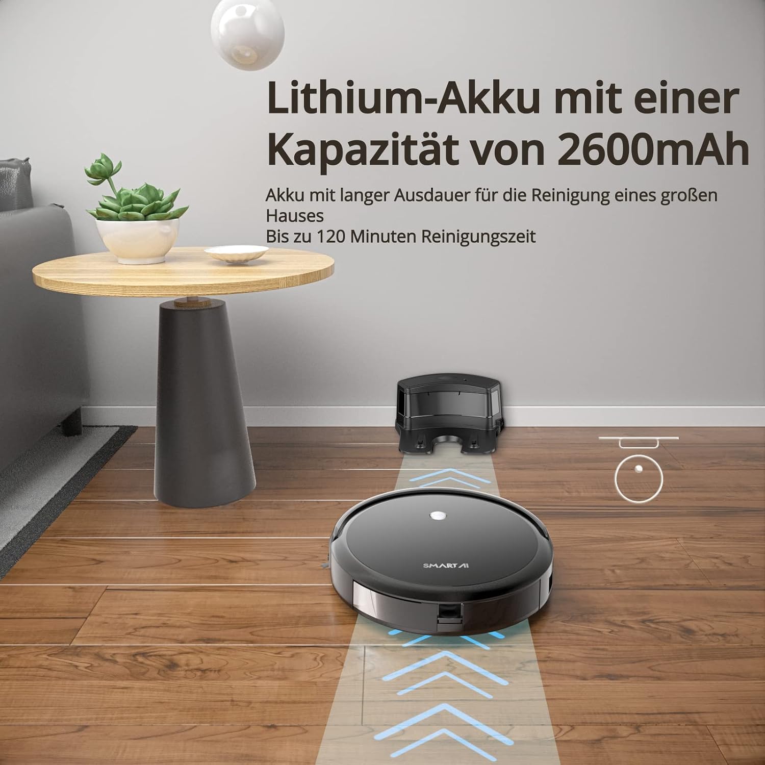 Robot vacuum with 2600mAh Lithium-ion battery information