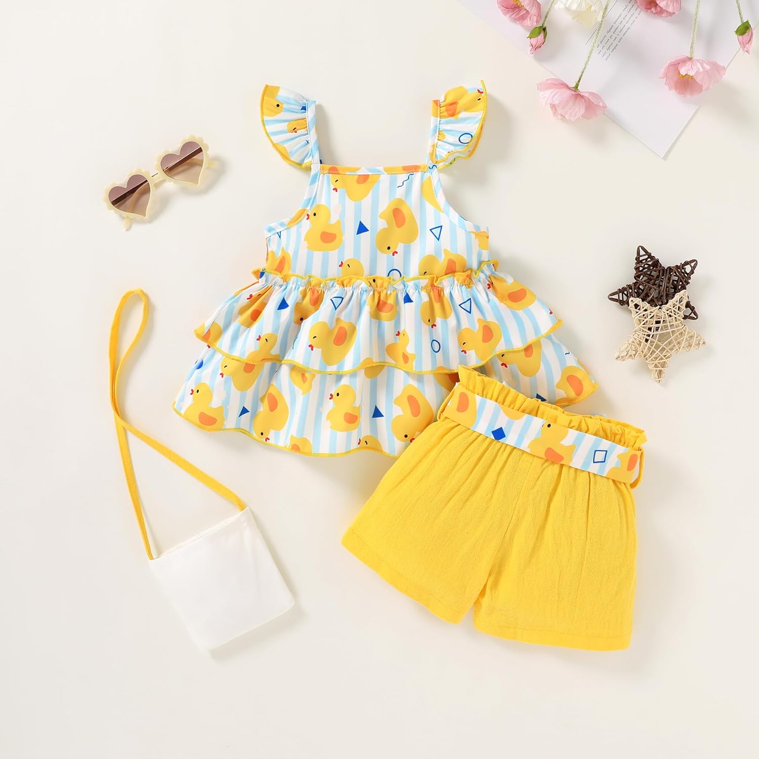 YOUNGER TREE Toddler Baby Girl Clothes Ruffle Sleeveless Strap Dress Tank Shorts Set Summer Outfits With Bag - Image 2