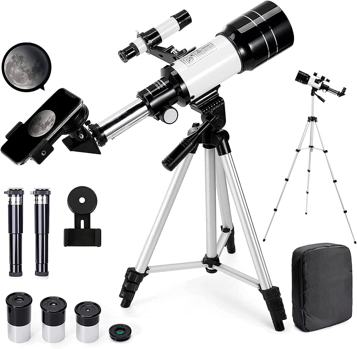 Telescopio Astronómico para Niños y Adultos, Apertura de 70mm, Distancia Focal de 300mm, Zoom 15X-150X, Incluye Trípode, Adaptador para Teléfono Móvil y Bolso de Transporte