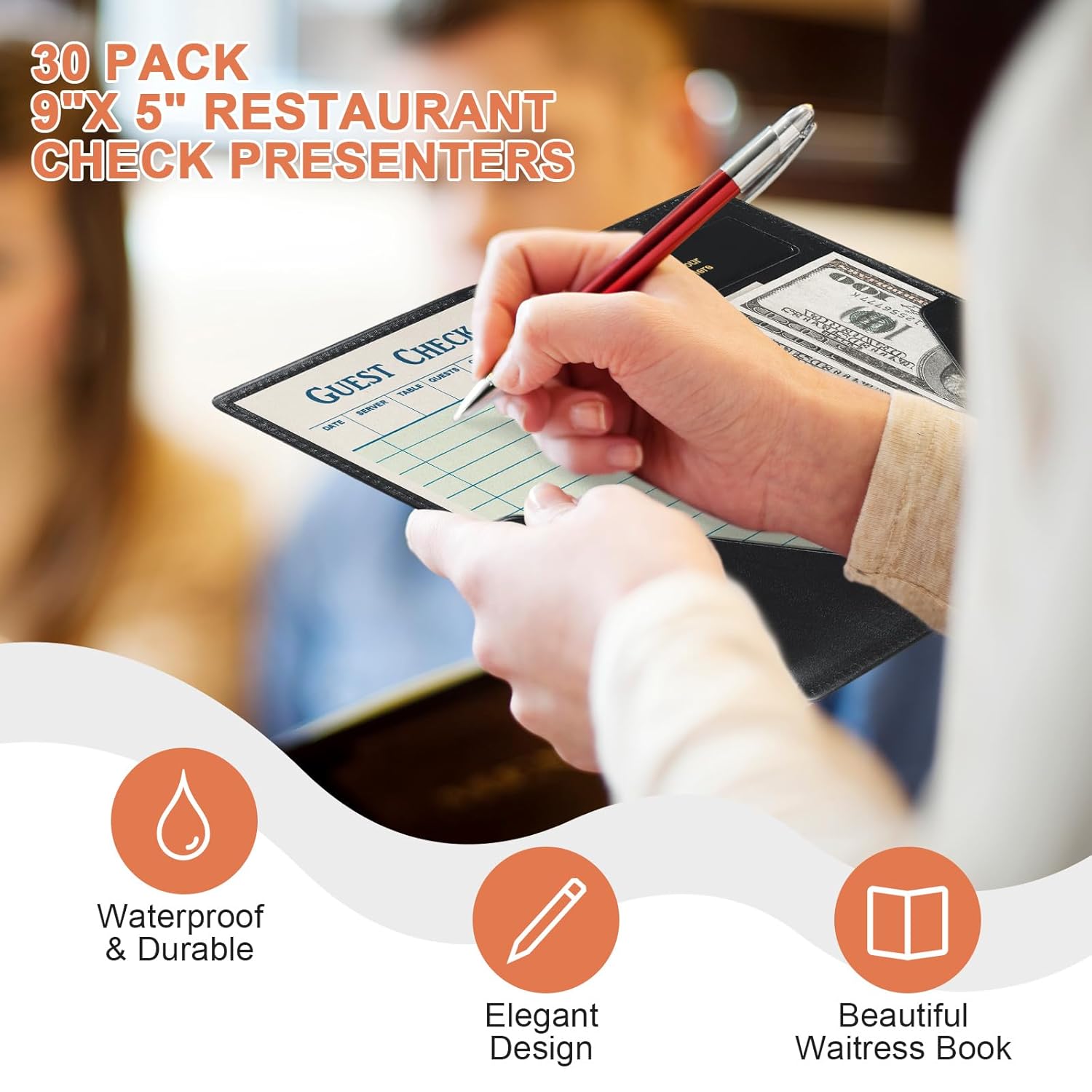 Leather Restaurant Check Presenters, 30 Pack 9" x 5" Guest Check Card Holder with Gold Thank You Imprint for Severs, Bill Book Restaurant Supplies for Restaurants, Bar and Cafe (30, Black)