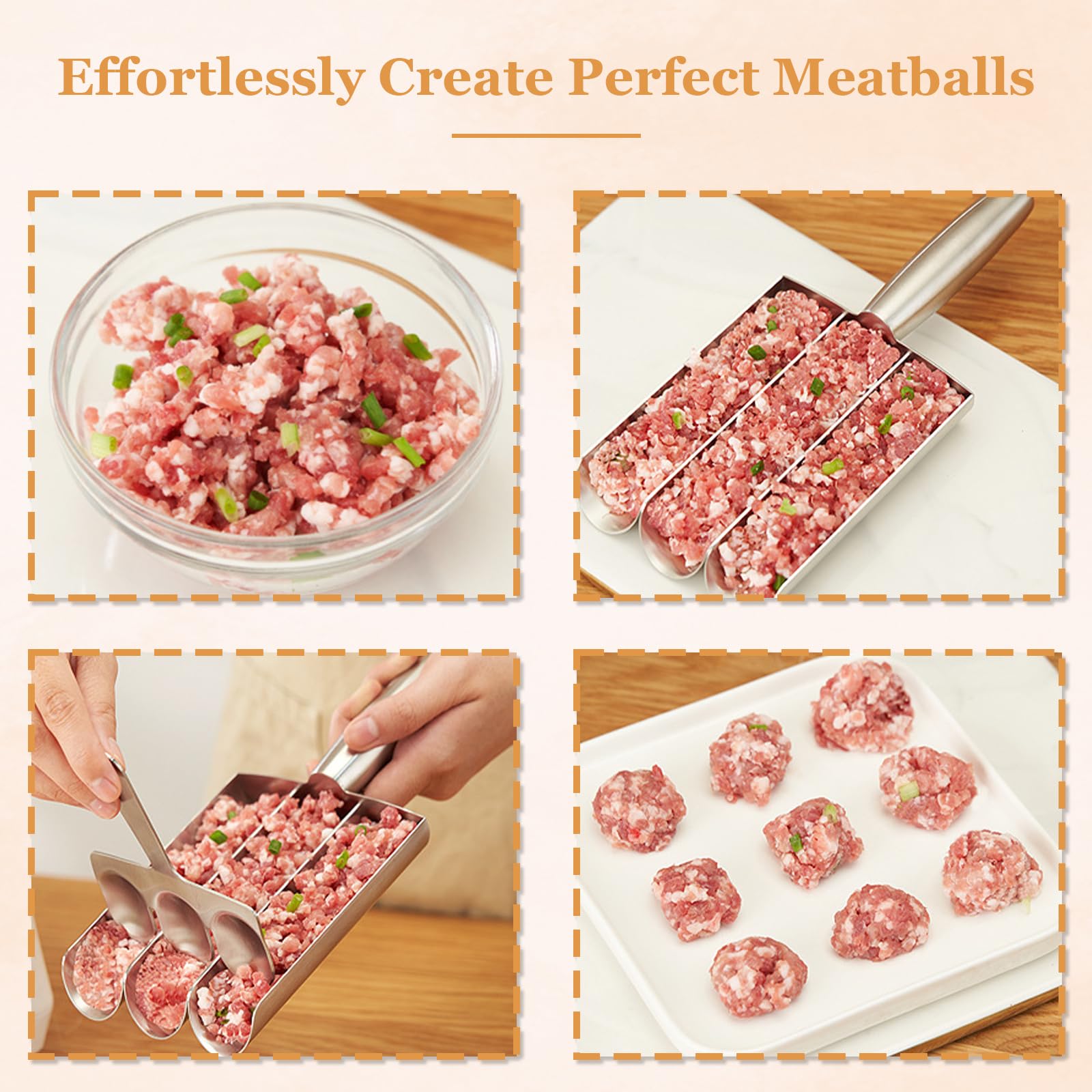 Triple Tube Stainless Steel Meatball Maker with Bonus Scraper - Non-Stick Meatball Scoop Tool for Beef,Chicken, Fish Balls and Cake Pops - Dishwasher Safe