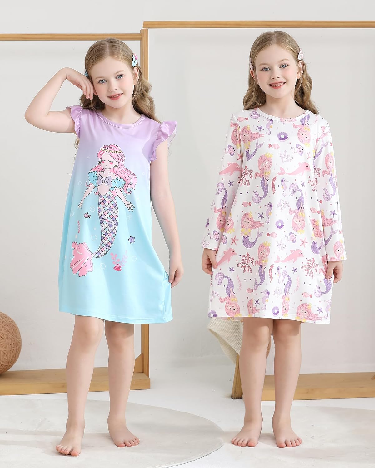Mikrdoo 2Pcs Girls Nightgowns Kids Pajamas Flutter Sleeves Nightdress Nightie Dress Sleepwear for Toddler Little Girls - Image 2