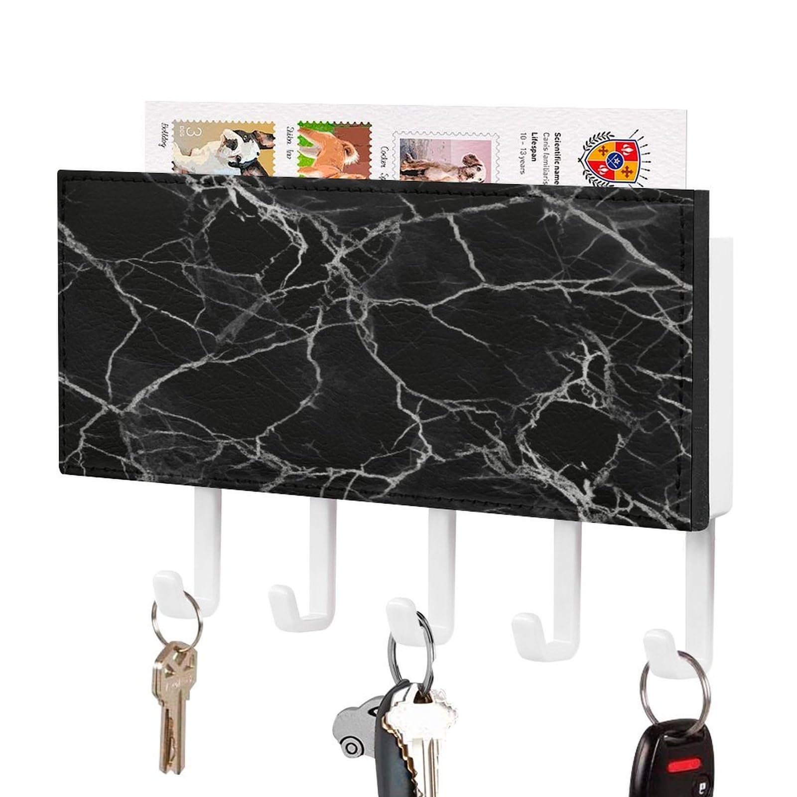 FekiLoot Black Marble Key Holder Wall Mount Key Hanger with 5 Hooks Decorative Key Rack Hanging Key Hooks with Mail Organizer Key Holder for Wall Living Room Kitchen Bathroom Hallway White