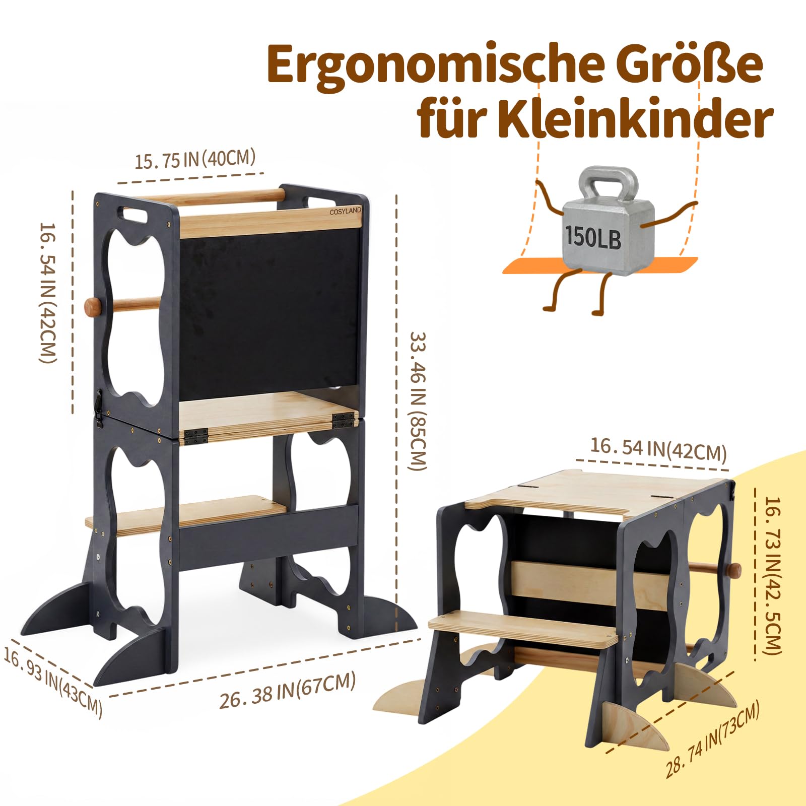 COSYLAND Lernturm Kinder 3in1 Küchenhelfer mit Tafel & Geländer Grau | Wandelbar zu Tisch & Stuhl. Stabiler Küchenhelfer für Alltag, Lernen und Spielen. Absolut sicher und langlebig.
