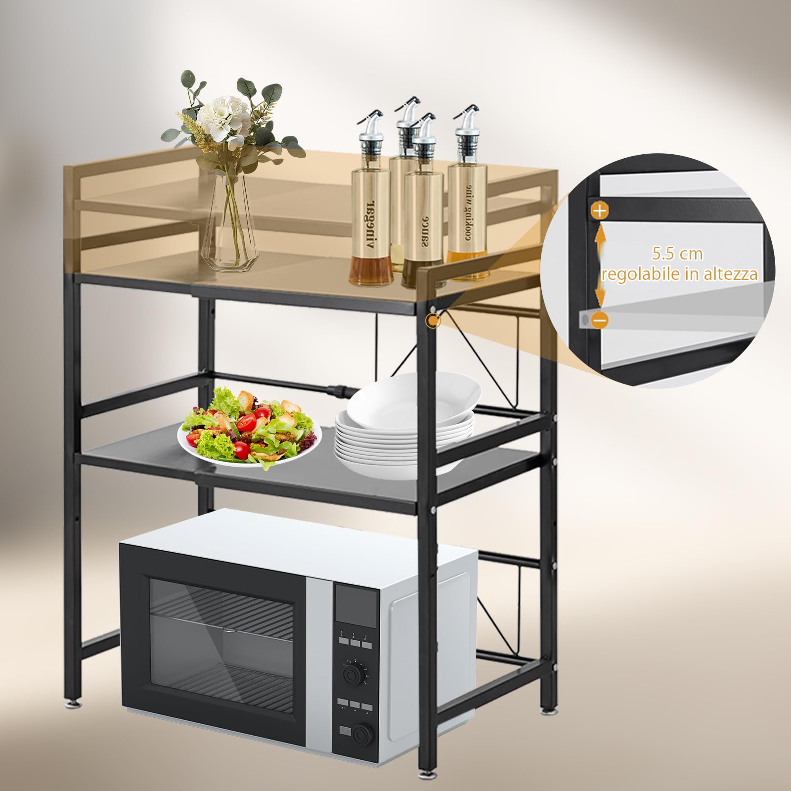 Scaffale per microonde a 2 strati, per tostapane, per cucina, larghezza telescopica 40-63 cm (ottimale entro 60 cm) con gancio mobile, portata 75 kg (nero)