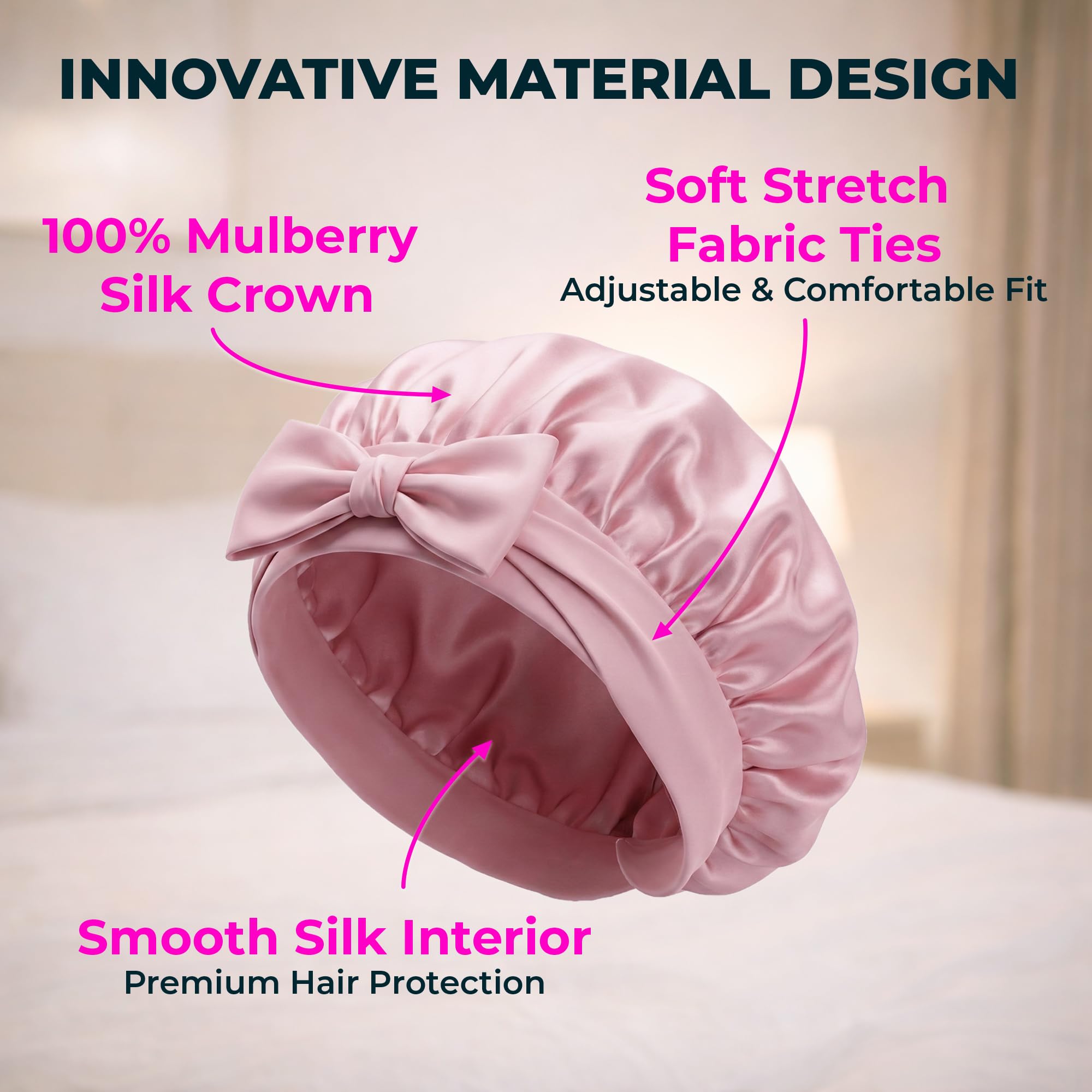 100% Mulberry Silk Bonnet for Sleeping – Adjustable Single Layer Silk Night Cap – Smooth Inner Side, Women Hair Wrap for Curly Hair (Pink)