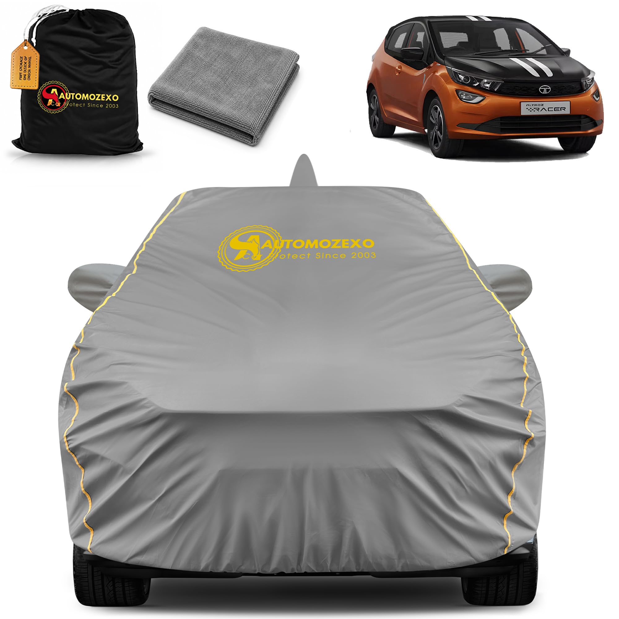 Tata Altroz Racer 100% Waterproof Car Cover for All Weather Protection with Mirror & Antena Pocket Inner Cotton Triple Stitched Cover with Adjustable Belt Bottom Elastic to Secure Fit -Grey-image-2