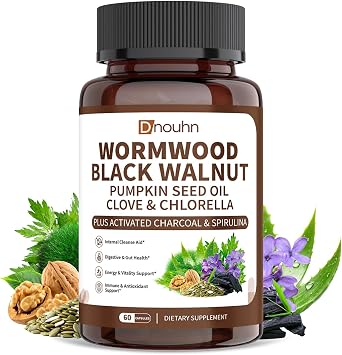 Wormwood Black Walnut Clove Parasite Cleanse for Humans Capsules Natural Gut Detox & Digestive Health with Pumpkin Seeds Garlic Oregano Turmeric, Vegan 60 Counts