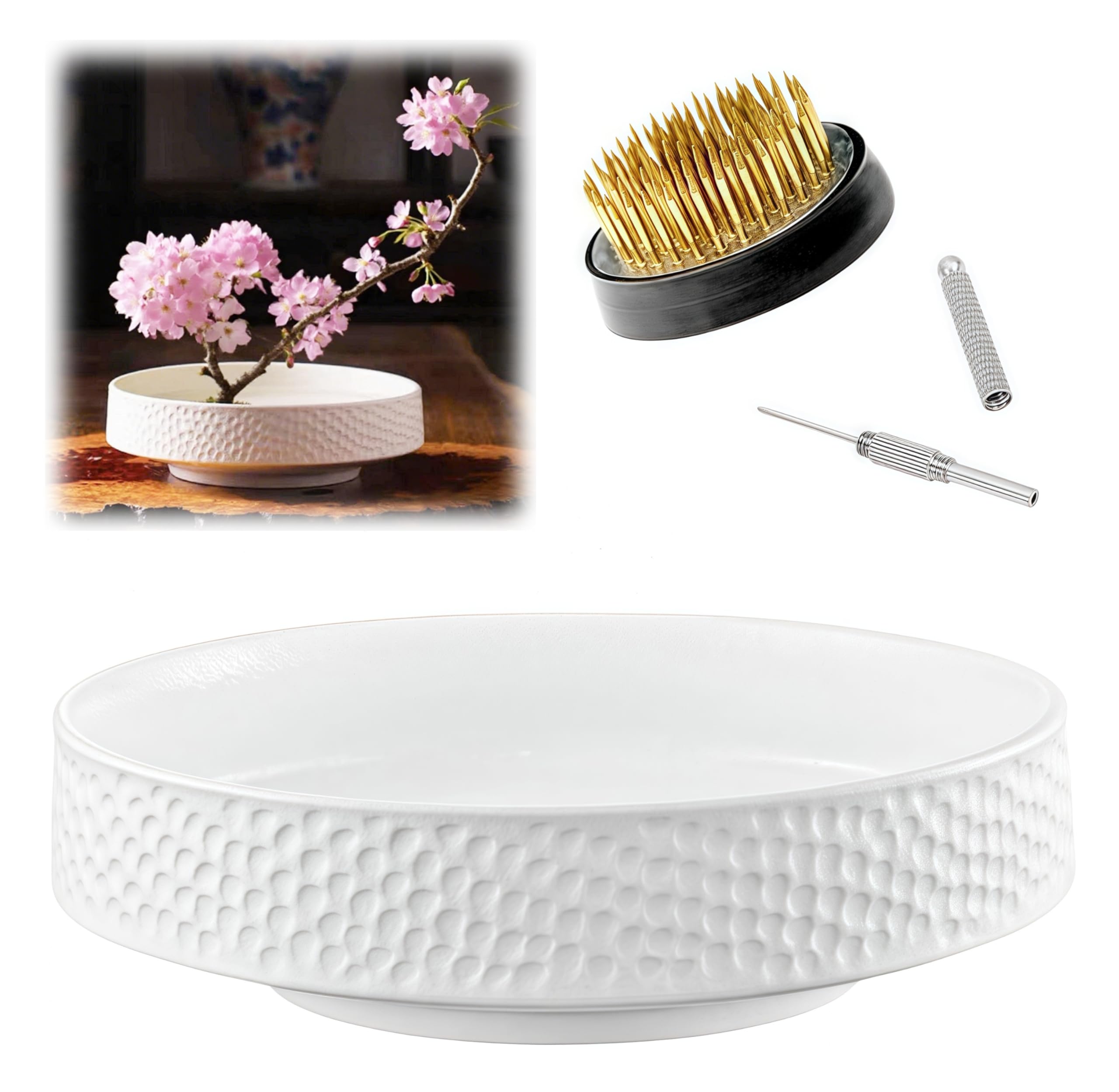 Japanese Ikebana Vase Kit, Flower Shallow Container Ceramics Flower Bowl Ikebana Vase with 1.57inch Flower Frog and Floral Frog Floristry Kenzan Needle Straightening Tool