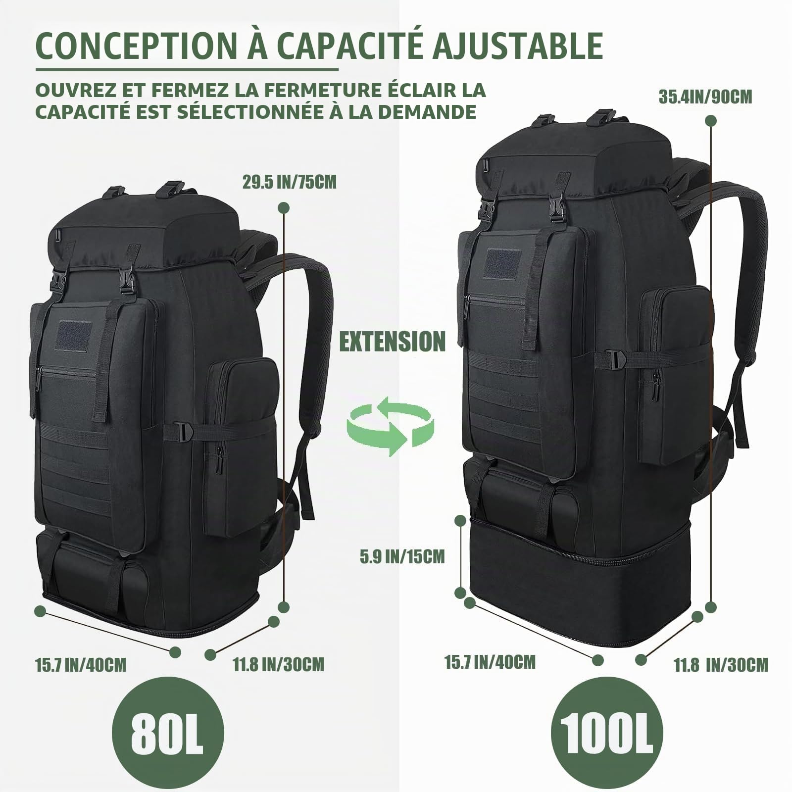 80L+20L Randonnée Sac à Dos, étanche grand sac à dos, Grand Capacité Respirant Multifonction pour Alpinisme Escalade Trekking Sport Voyage Camping