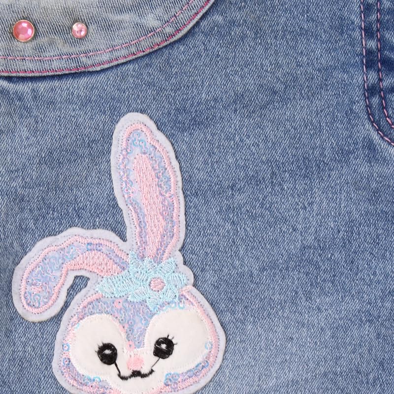 Image of Cutecumber Girls Cotton Rich Denim Wide-Leg Jeans - Side Panel Printed with Floral Ribbon Accessory, Stylish Casual Outfit for Baby Girls & Kids (Age 1-15 Years)