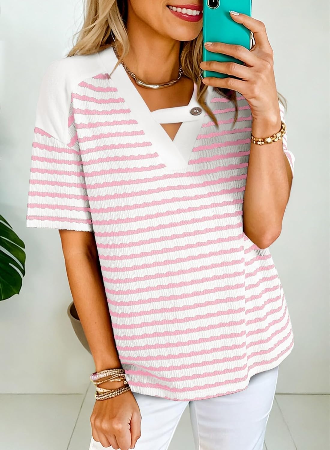 Dokotoo Women's Tops Summer Casual Short Sleeve Shirts V Neck Striped Color Block T-Shirts Blouses - Image 2