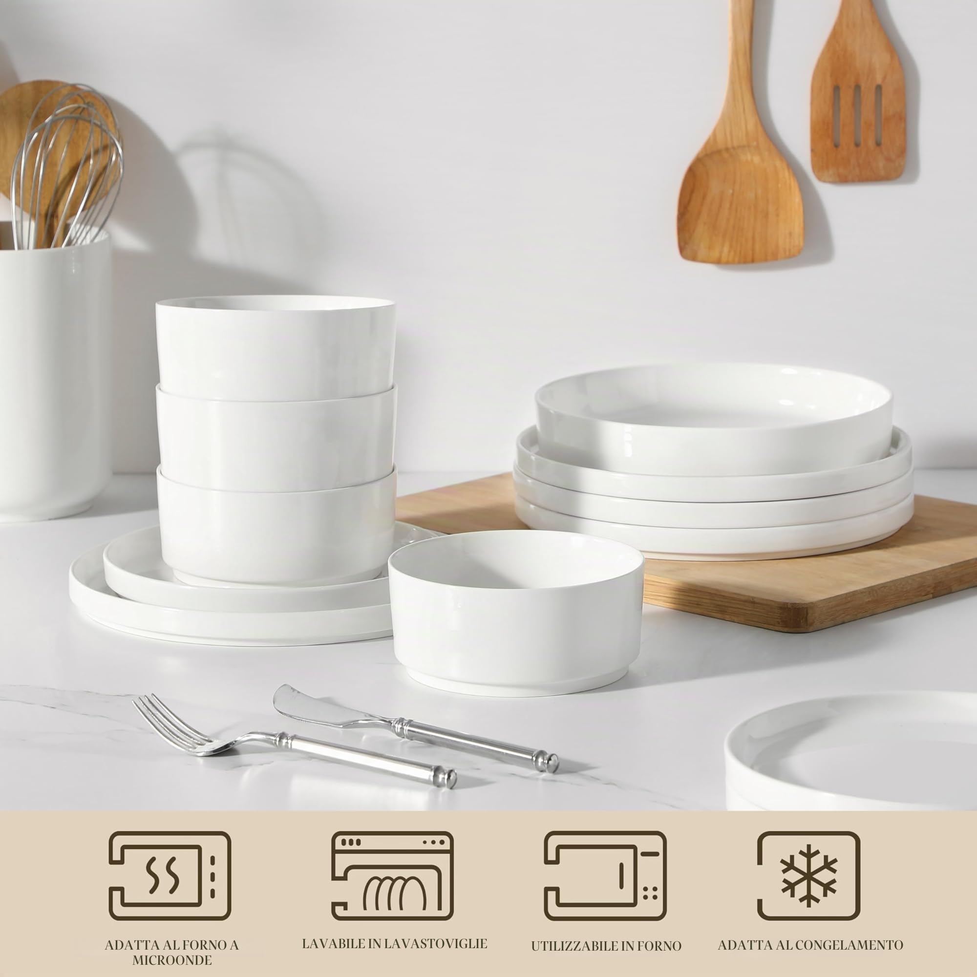 MALACASA Servizio di Piatti in Porcellana per 6 Persone, 24 Pezzi con Piatti Piani ∅ 26 cm e Piatti da Dessert ∅ 21 cm, Ciotole per Cereali da 760 ml e per Pasta da 1240 ml, Colore Bianco, Serie LEAH