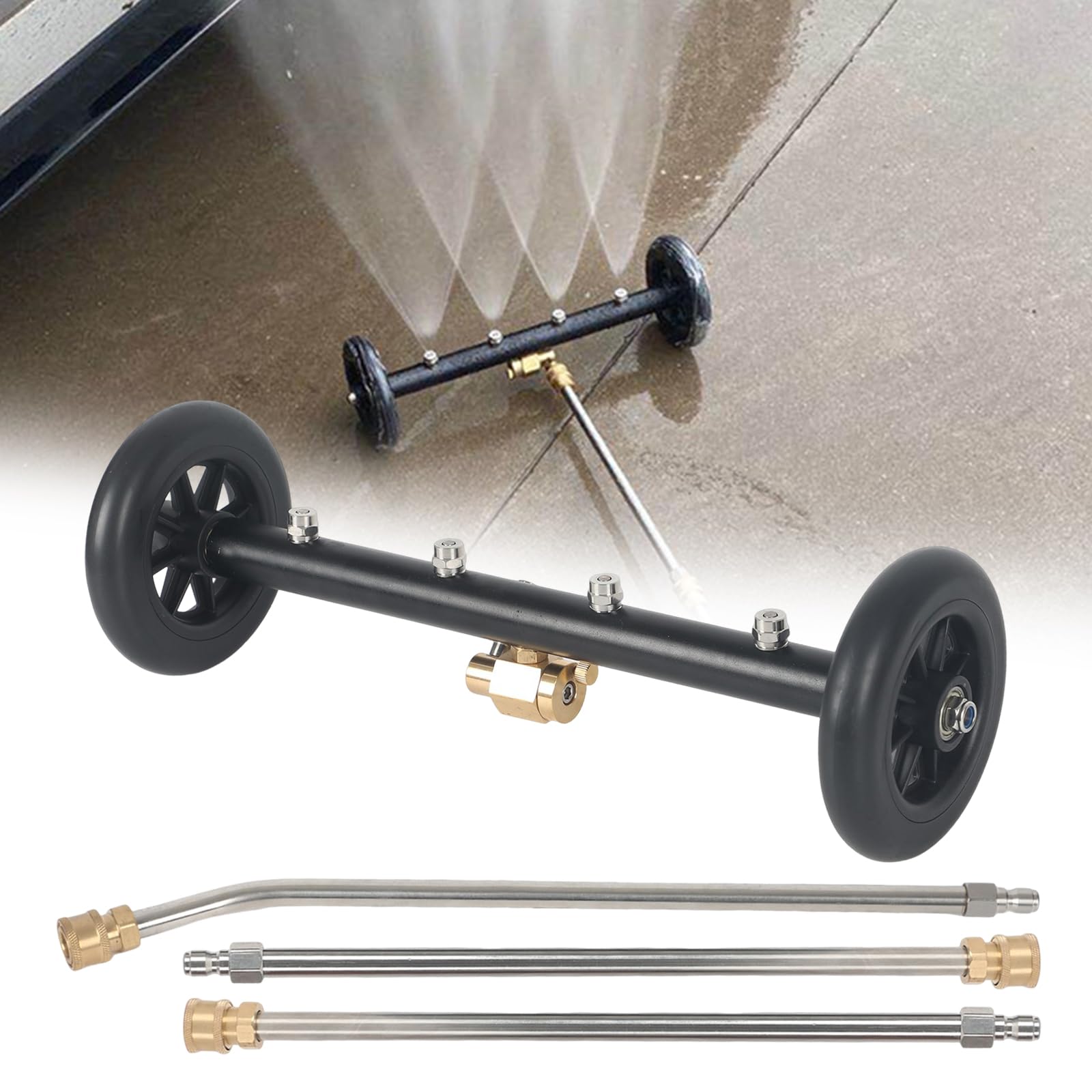 Limpiador de alta presión para debajo del suelo, 40 cm, para lavado de superficies de coche, limpiador de superficies para limpiadoras de alta presión con 3 barras de extensión, conexión rápida 1/4