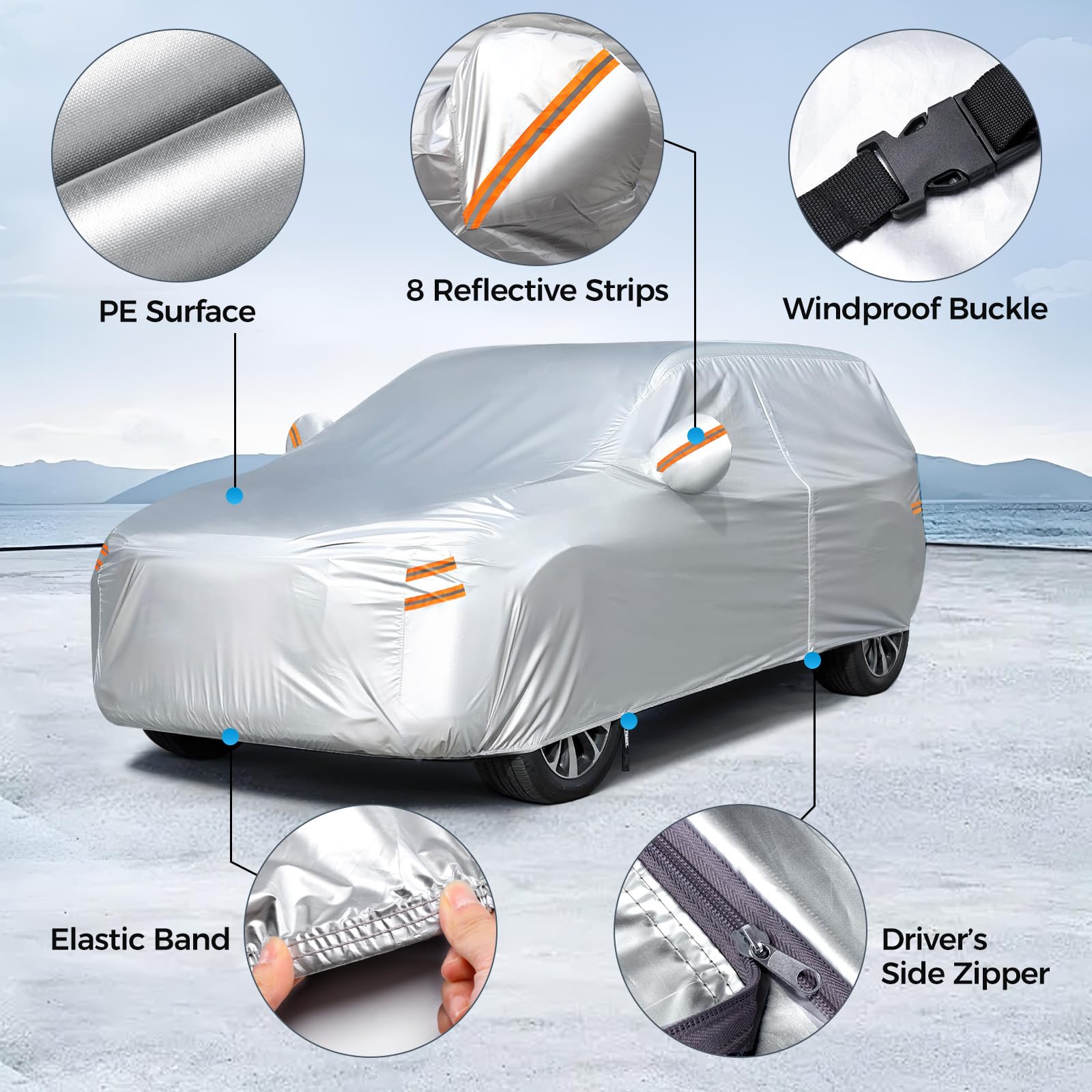 Tsumbay 190T Car Cover Waterproof All Weather Outdoor Full Exterior Cover with Door Zipper Storage Bag Rain Hail — view 3