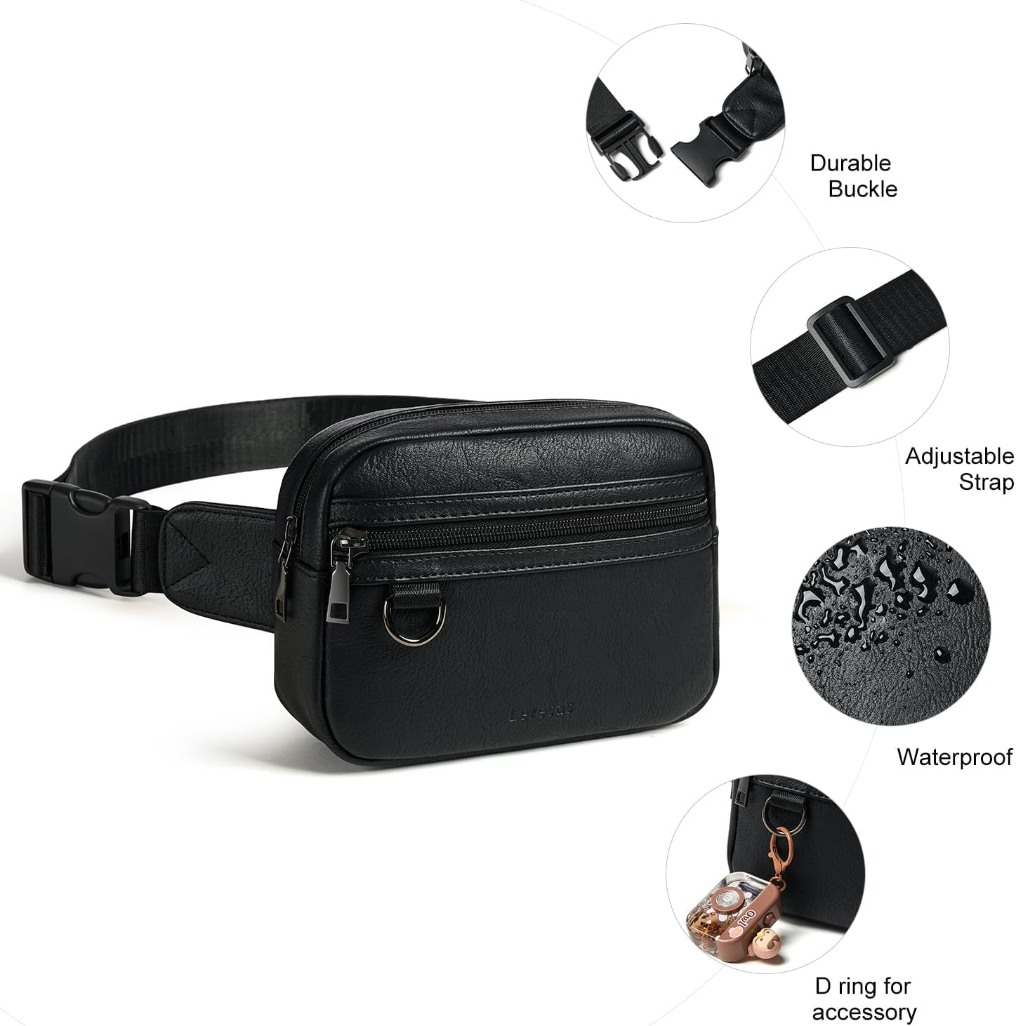 2L Fanny Packs for Women Men Corss Body Belt Bag Waist Pack Vegan Leather Trendy Travel Cycling Waterproof Black - Image 7