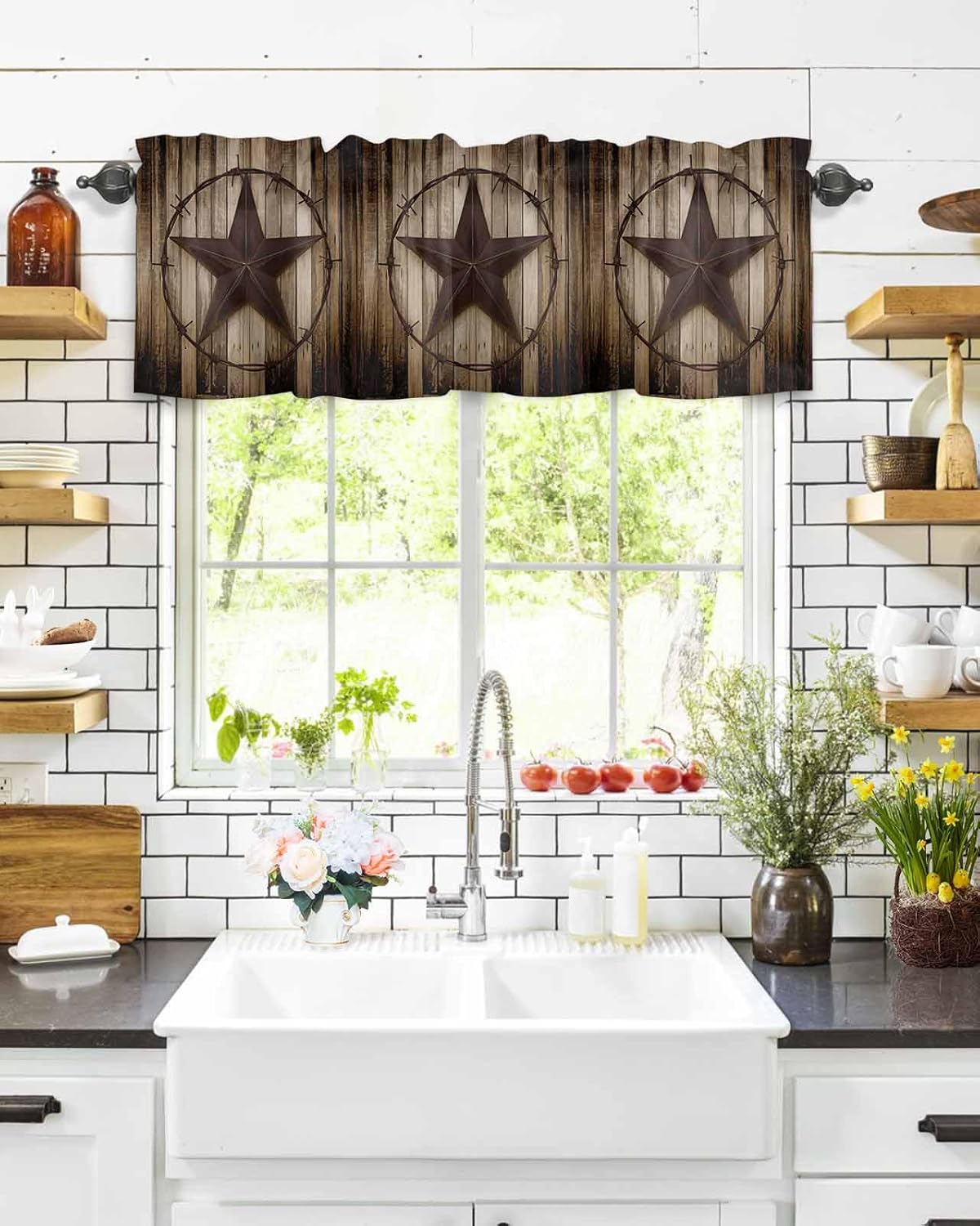 Western Texas Star Window Curtain Valance for Living Room/Kitchen/Bathroom/Farmhouse, Retro Rustic Wooden Boards Short Rod Pocket Tier Curtain Window Treatment, 1 Panel 54x18 - Image 8
