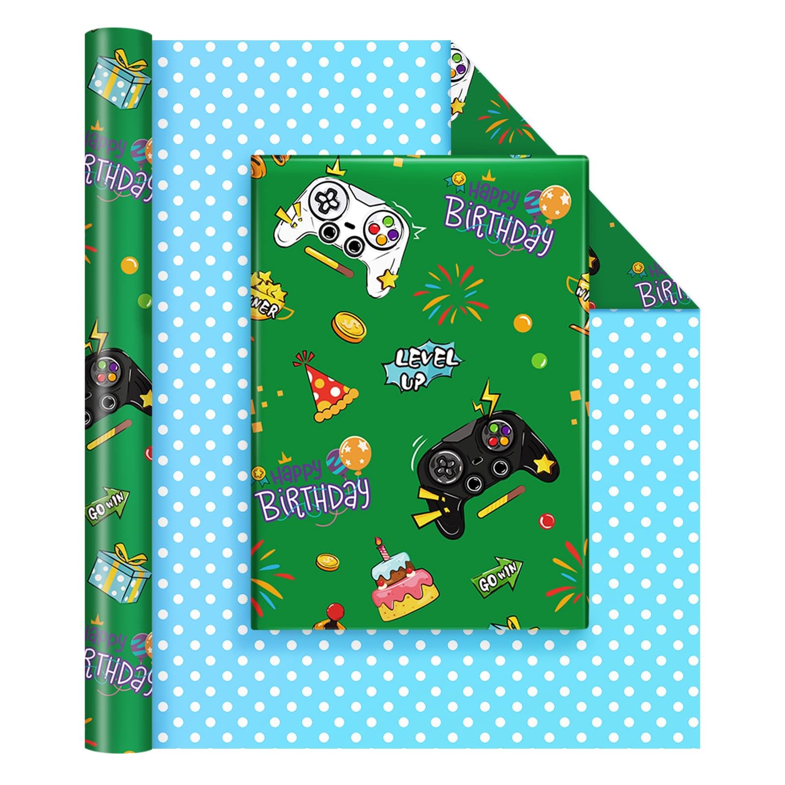 WERNNSAI Gaming Wrapping Paper Roll - 1 Roll Birthday Reversible Wrapping Paper Roll Video Game Wrapping Paper Kids Boys Happy Birthday Party Gift
