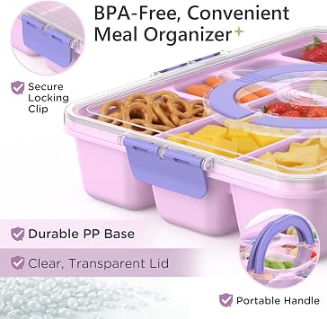 Snackle Box Container for Adults with 10 Compartment, Divided Serving Tray with Lid and Handle and 2 Sauce Containers, Portable Snack Box Container for Charcuterie Party Travel, Purple