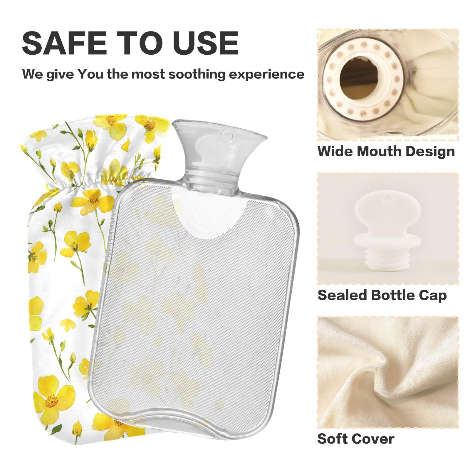 YNNALE Spring Watercolor Flowers Yellow Hot Water Bottle with Cover, 2Liter Soft Velvet Winter Warm Water Bag for Neck and Shoulder Pain Relief Period Cramps Bed Hand Feet Warmer