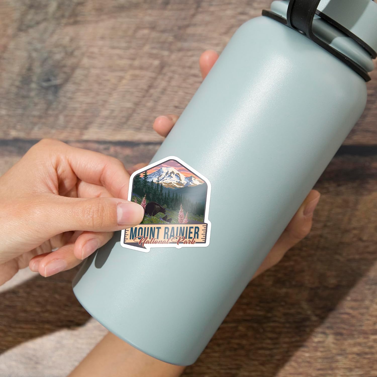 Lantern Press Sticker Mount Rainier National Park, Washington, Bears and Spring Flowers, Die Cut Vinyl, (Waterproof Decal for Cars, Water Bottles, Laptops, Coolers), Small