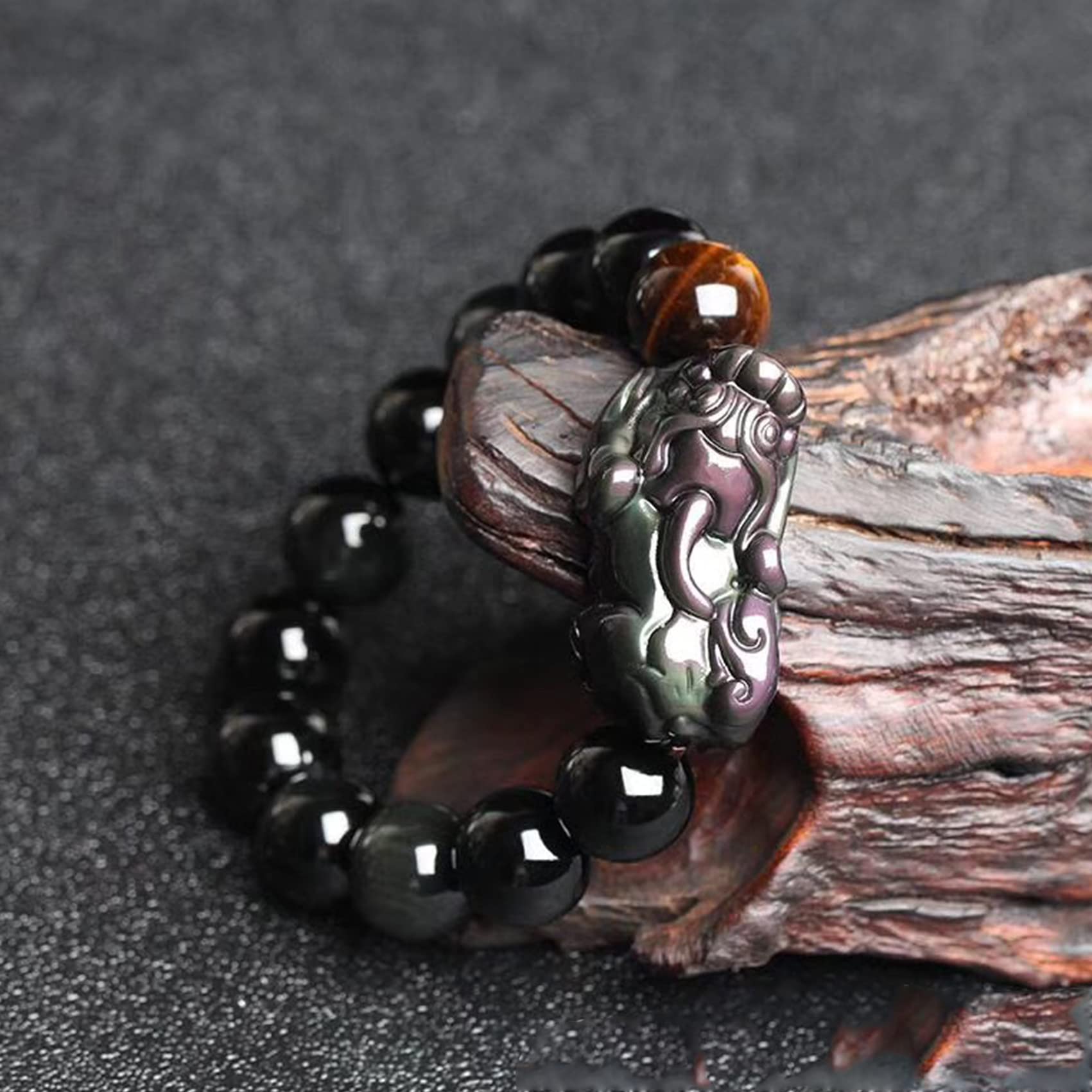 Czarna obsydian bransoletka, bogactwo Rainbow Eye Authentic Crystal Reiki Amulet Lucky Wealth Ward Bransoletka Inspirująca dla kobiet mężczyzn, 12 mm