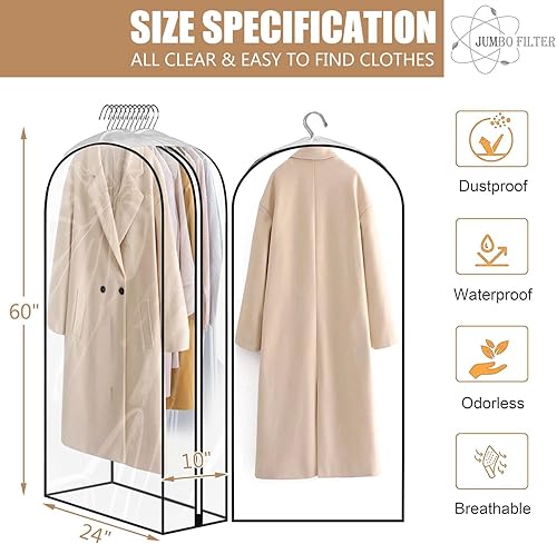 Miniatura 3 de Paquete de 5 bolsas de ropa transparentes de 60 pulgadas para colgar ropa, 10 pulgadas con fuelle de gran capacidad, bolsa de ropa colgante grande