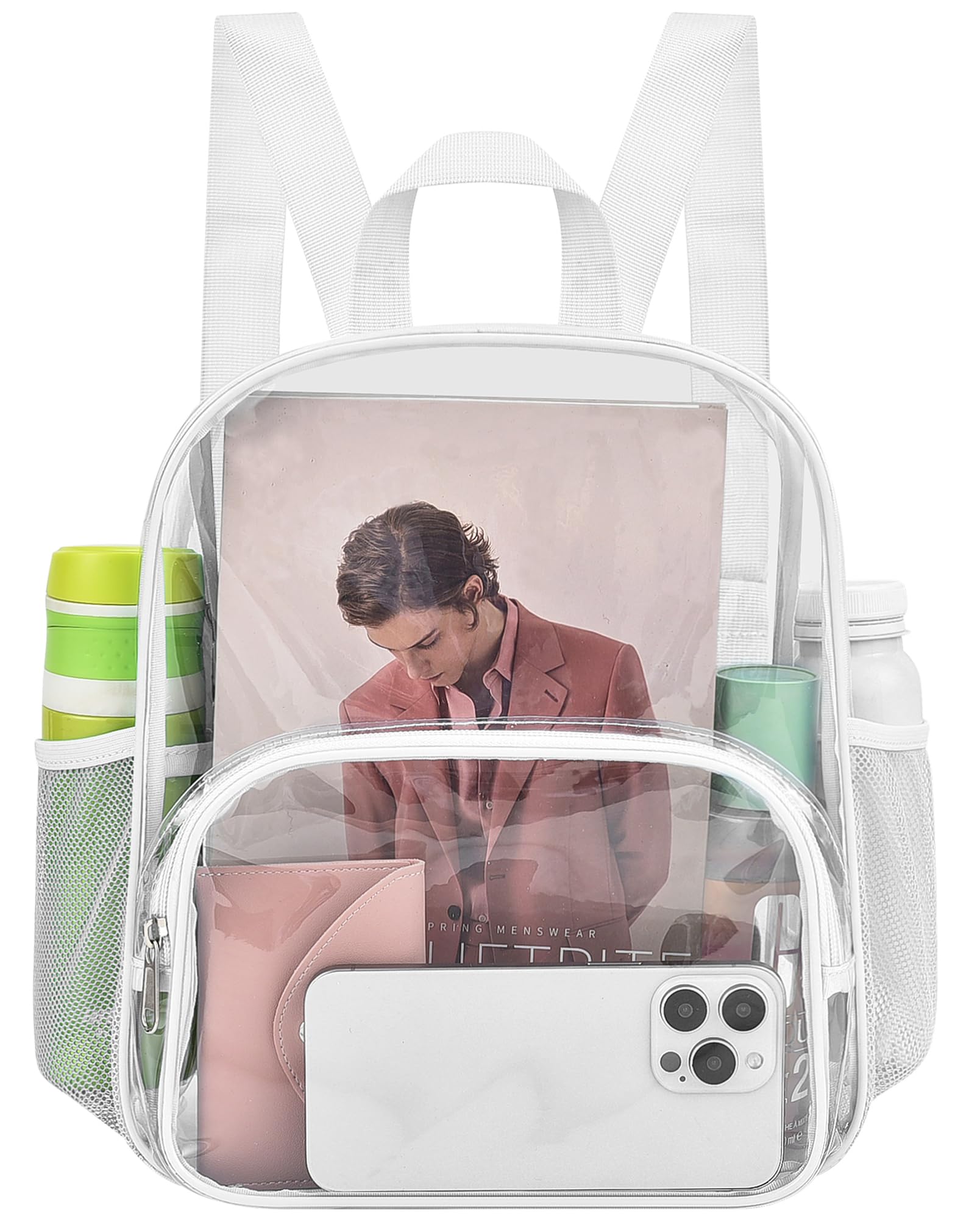 Busiuw Clear Backpack for Stadium Events Clear Backpack 12x12x6 with Front Pocket for Concert Sport Events Work Travel (White)