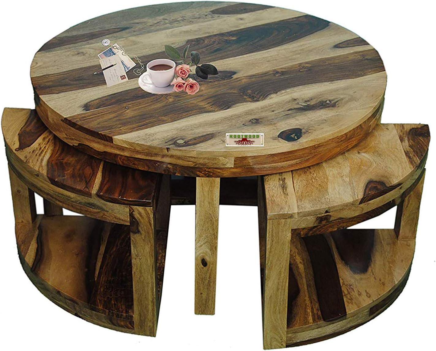 Solid Sheesham Wood Round Coffee Table with 4 Stool, Rotating Nested Design Round Coffee for Living and Guest Room Areas