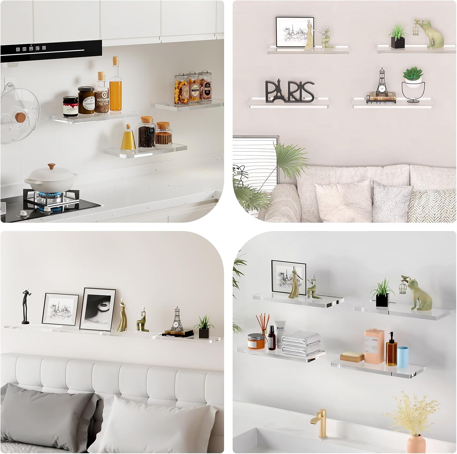 4 Tier Acrylic Floating Shelves for Wall 15.5 Inch Clear Invisible Storage Set Wall Mounted Organizer for Bathroom Kitchen Living Room Bedroom Holds 15lbs