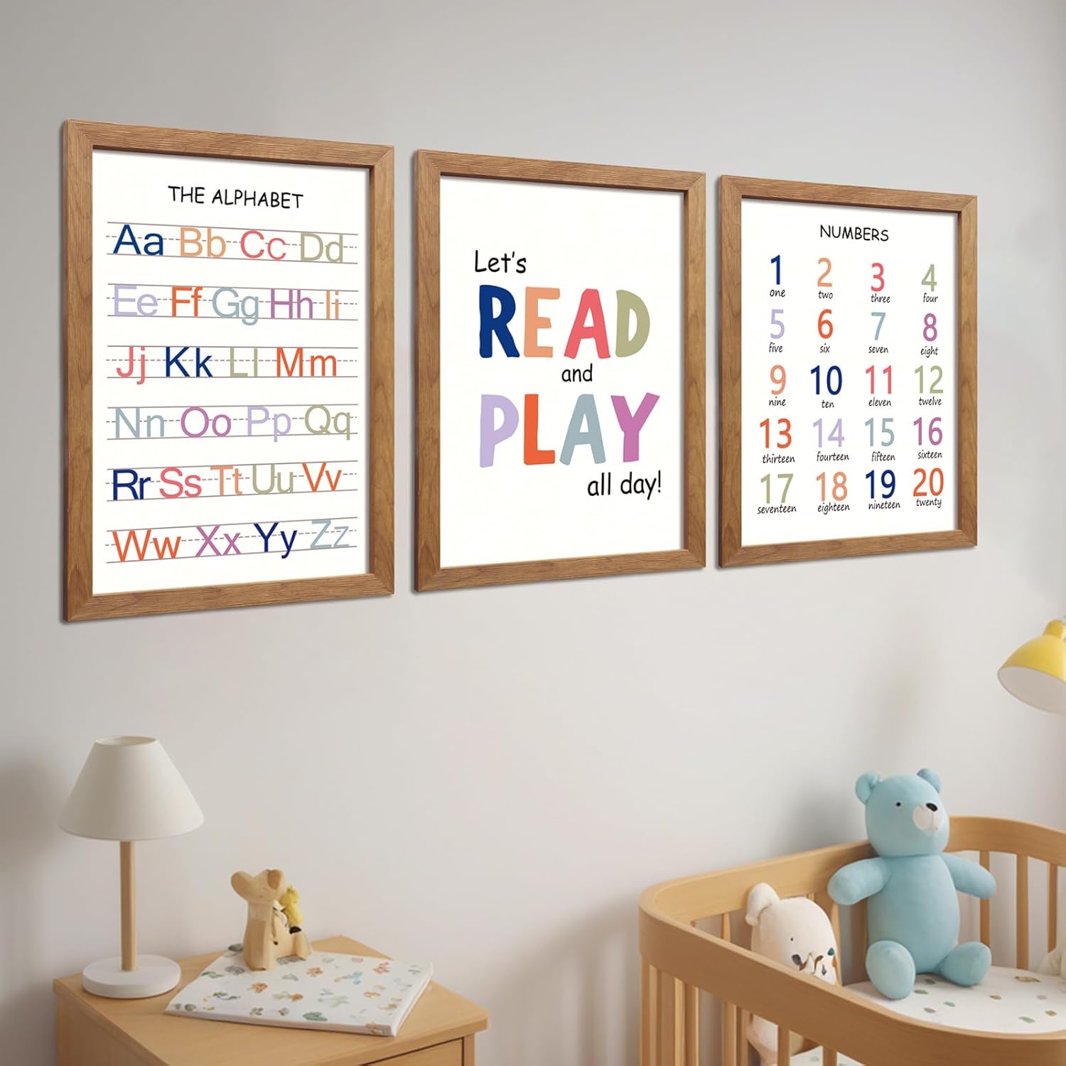 Cute Alphabet Numbers Framed Wall Art Set of 3, Boho Educational ABC Poster Wooden Sign for Baby Girl Kid Boy Toddlers, Neutral Preschool English Letters Nursery Decor for Homeschool Playroom Daycare