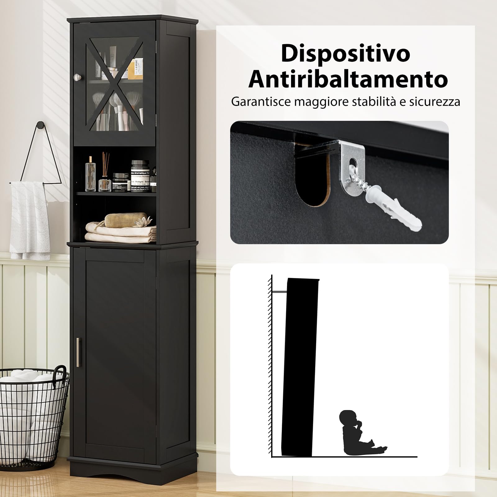 COSTWAY Mobile Bagno 40 x 30 x 170,5cm, Armadietto a Colonna Stretto e Alto con 5 Ripiani Regolabili e 2 Porte, Armadio da Terra in Legno per Soggiorno, Camera da Letto, Salotto e Cucina (Nero)