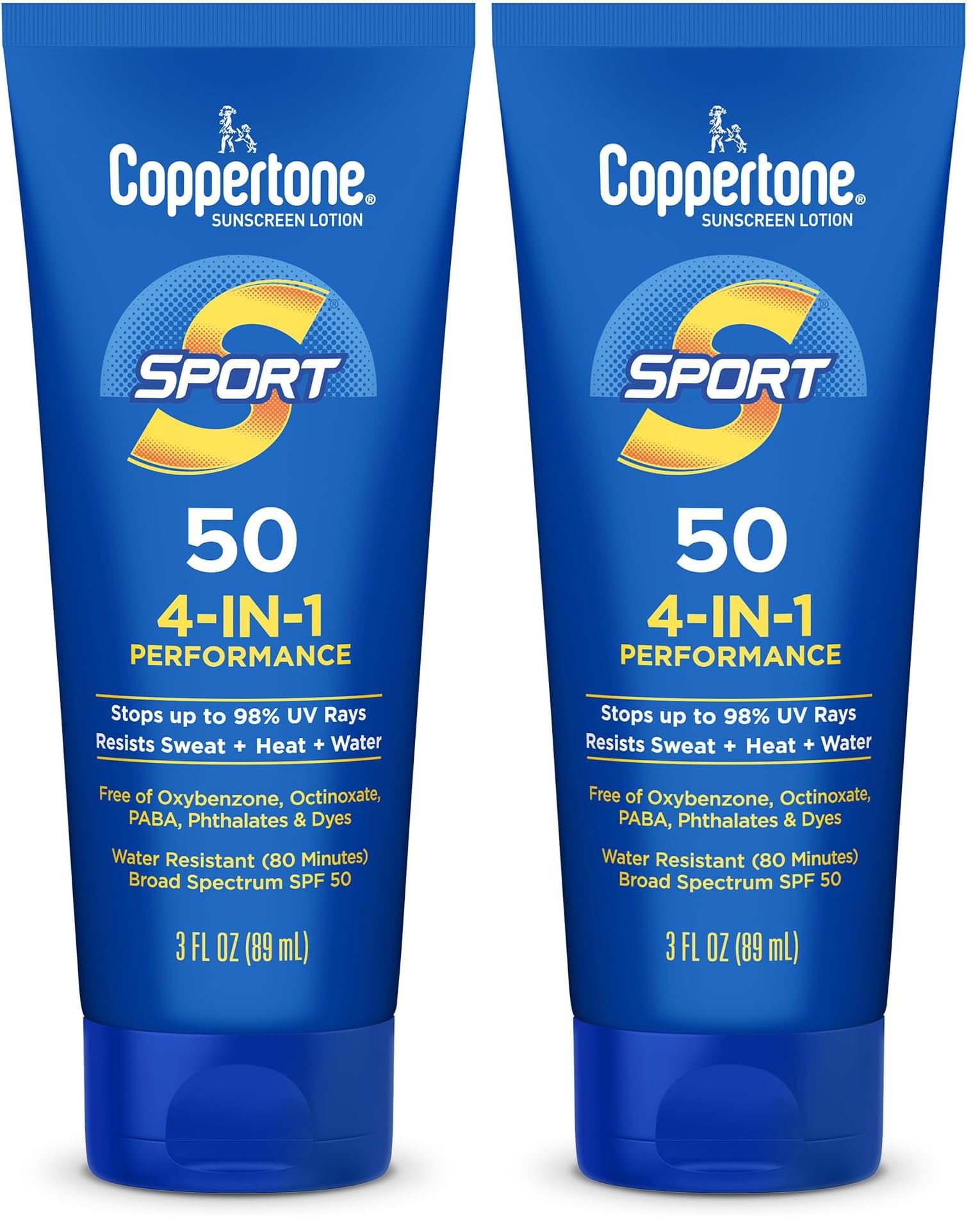 Coppertone SPORT Sunscreen SPF 50 Lotion, Water Resistant, Body Sunscreen Lotion, Travel Size, 3 Fl Oz (Pack of 2)