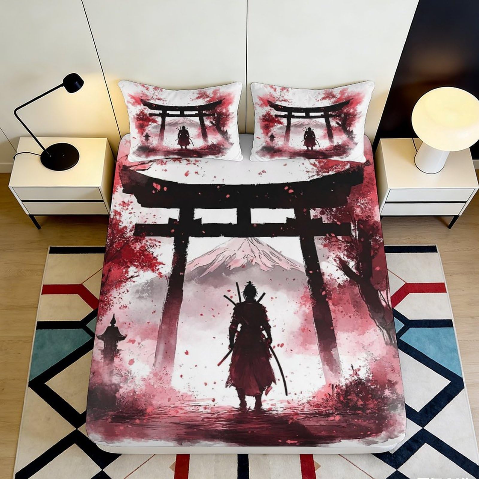 3D Printed Samurai Torii Fitted Sheet Microfiber Red Black Japanese Art Bed Cover for Bedroom Dorm Decor 90x200x25cm