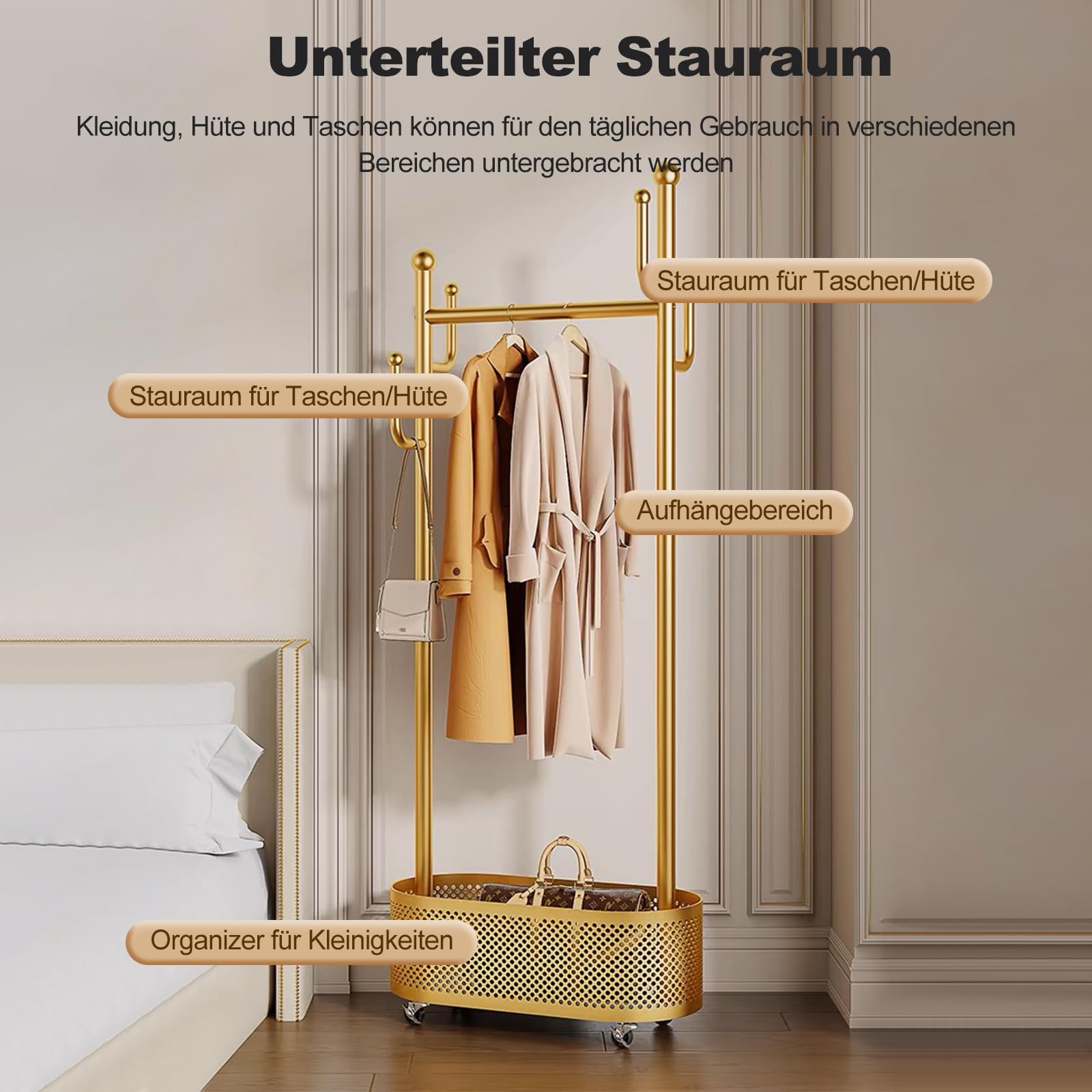 Ergocar Garderobenständer. Eine Jacken-Hutablage mit Korb, multifunktionales Design. Es lässt sich stabil um 360°bewegen und eignet sich für die Platzierung im Bett, im Wohnzimmer und auf der Veranda.