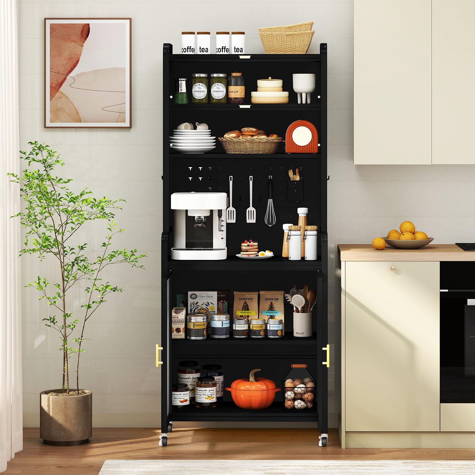 GIANTEX Küchenschrank mit Arbeitsplatte, 192 cm Buffetschrank mit Rollen, Küchenbuffet mit verstellbarem Regal & Lochwand, Küchenregal 6 Ebenen mit Klapptüren, Metall Mikrowellenschrank Küche, Schwarz