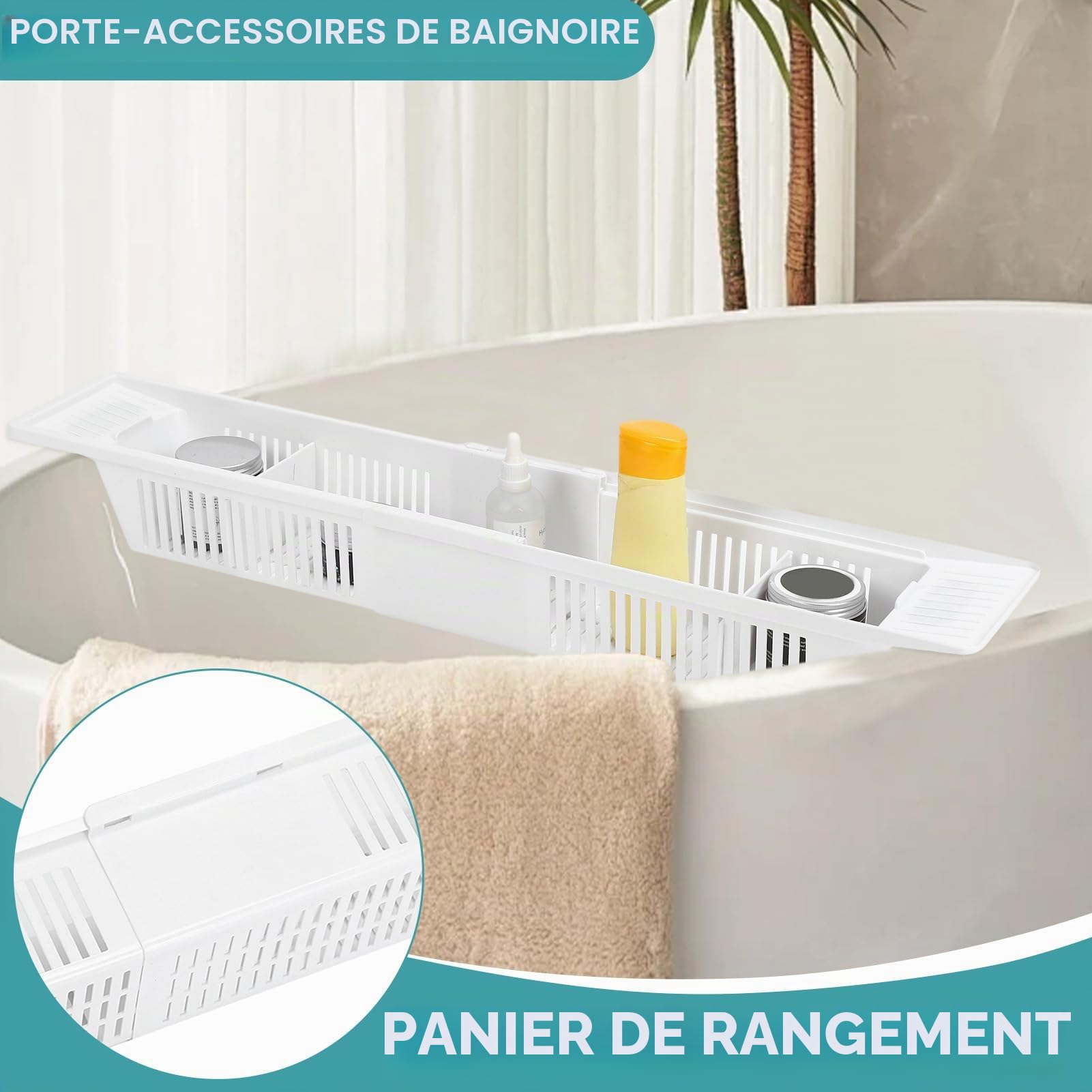 Plateau De Baignoire Rétractable, étagère De Bain Réglable Plateau De Rangement en Plastique Simple Organisateur De Jouets De Bain Panier De Rangement pour Shampooing Gel Douche