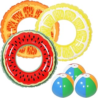 Tounature 3 Pieces Inflatable Fruit Pool Floats Inflatable Tube Pool Tube Watermelon Orange Lemon Swimming Rings Floaties and 3 Pieces Inflatable Beach Ball for Summer Party Supplies