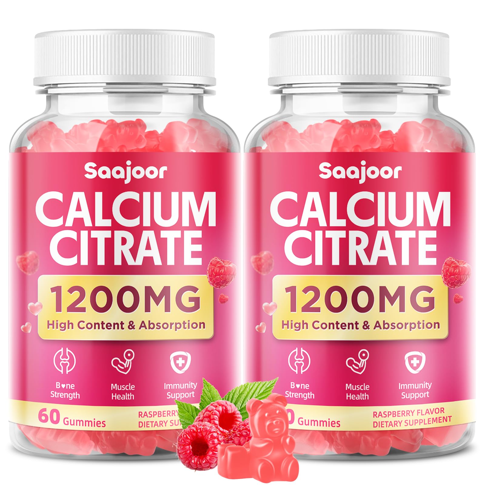 Calcium Citrate Gummies 1200mg - Sugar Free, Chewable Calcium Supplements for Women & Men. Supports Bone, Muscle, and Immune Health, Raspberry Flavor, 120 Count 2 Pack