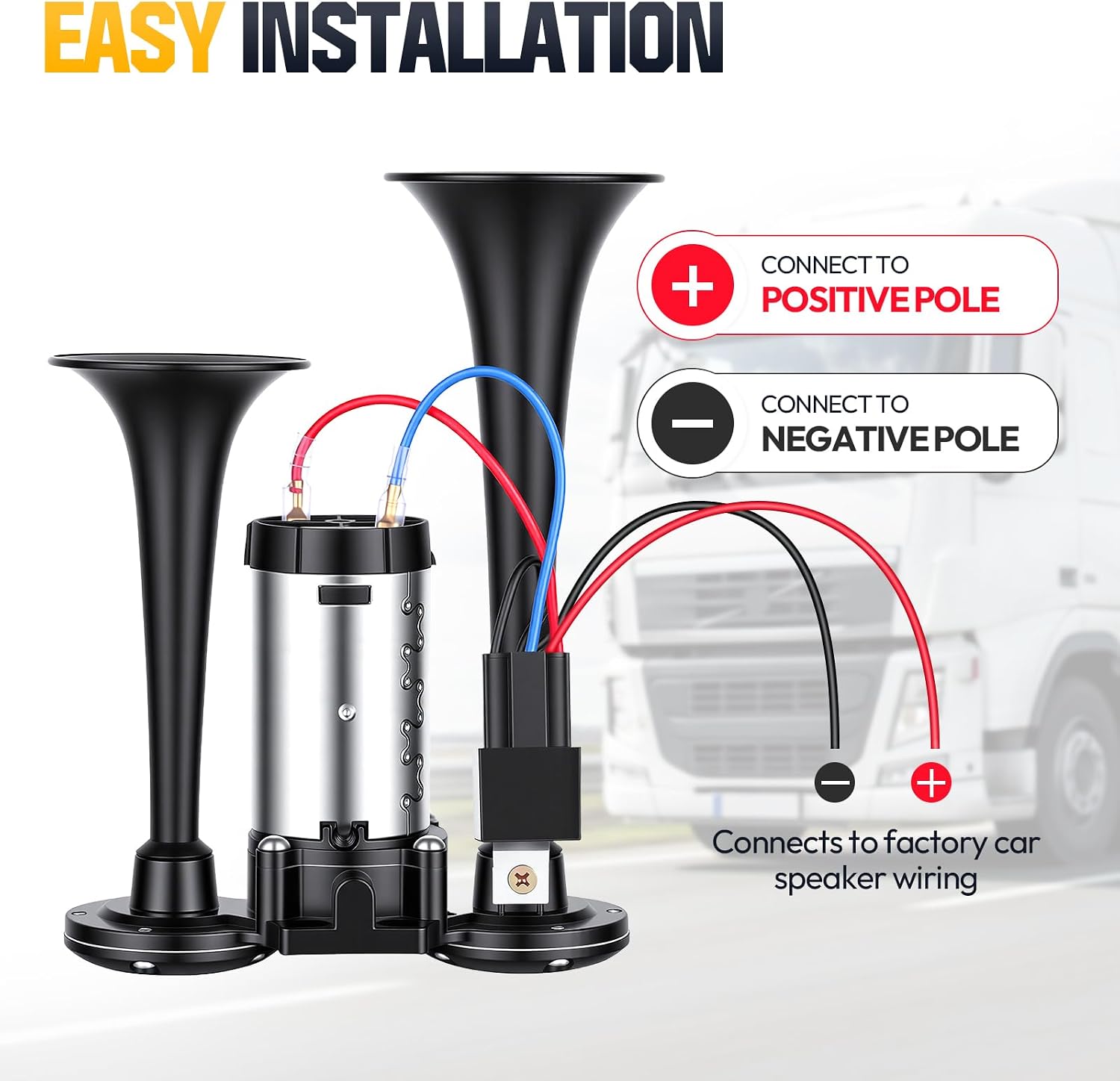 Air Horn Dual Trumpet,Super Loud 150dB 12V, Complete Electric Car Air Horn Set Equipped with Upgraded Air Compressor,Universal Fit train horn for Trucks,Cars,Pickups, SUVs,Motorcycles,Boats
