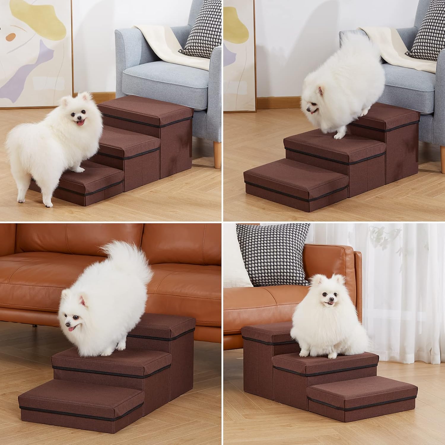 LEMONDA 3 Step Folding Dog Step Stairs,Foldable Dog Stairs with 3 Storage Boxes for High Bed & Sofa,Pet Storage Stepper & Safety Ladder for Cats Dogs up to 60 pounds (Brown+3 Tiers)
