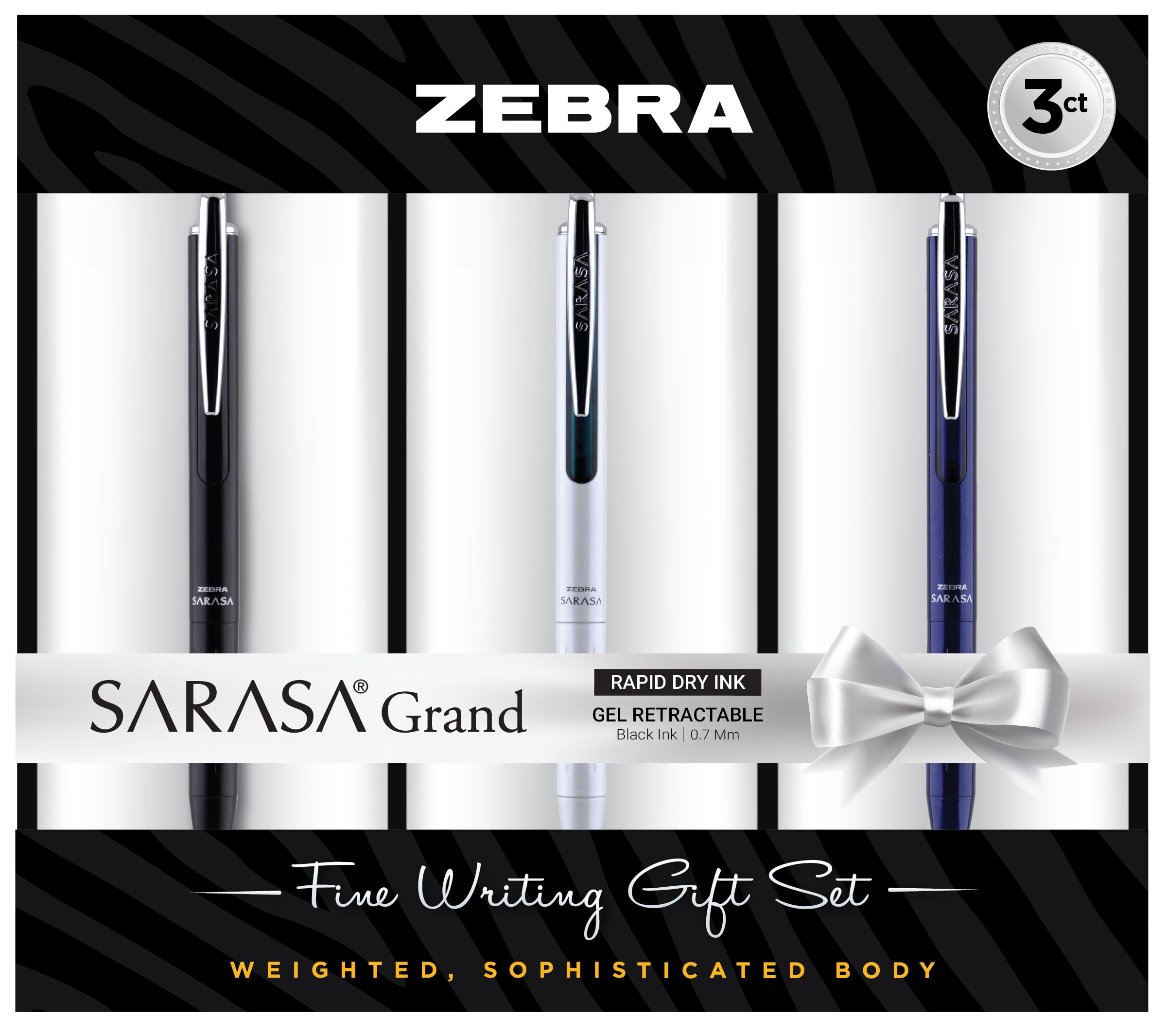 Sarasa Grand Retractable Gel Pen Gift Set, White/Black/Navy Barrel, Medium Point, Black Ink, 3-Pack, Ideal for Gift Giving and Office Use (45373)