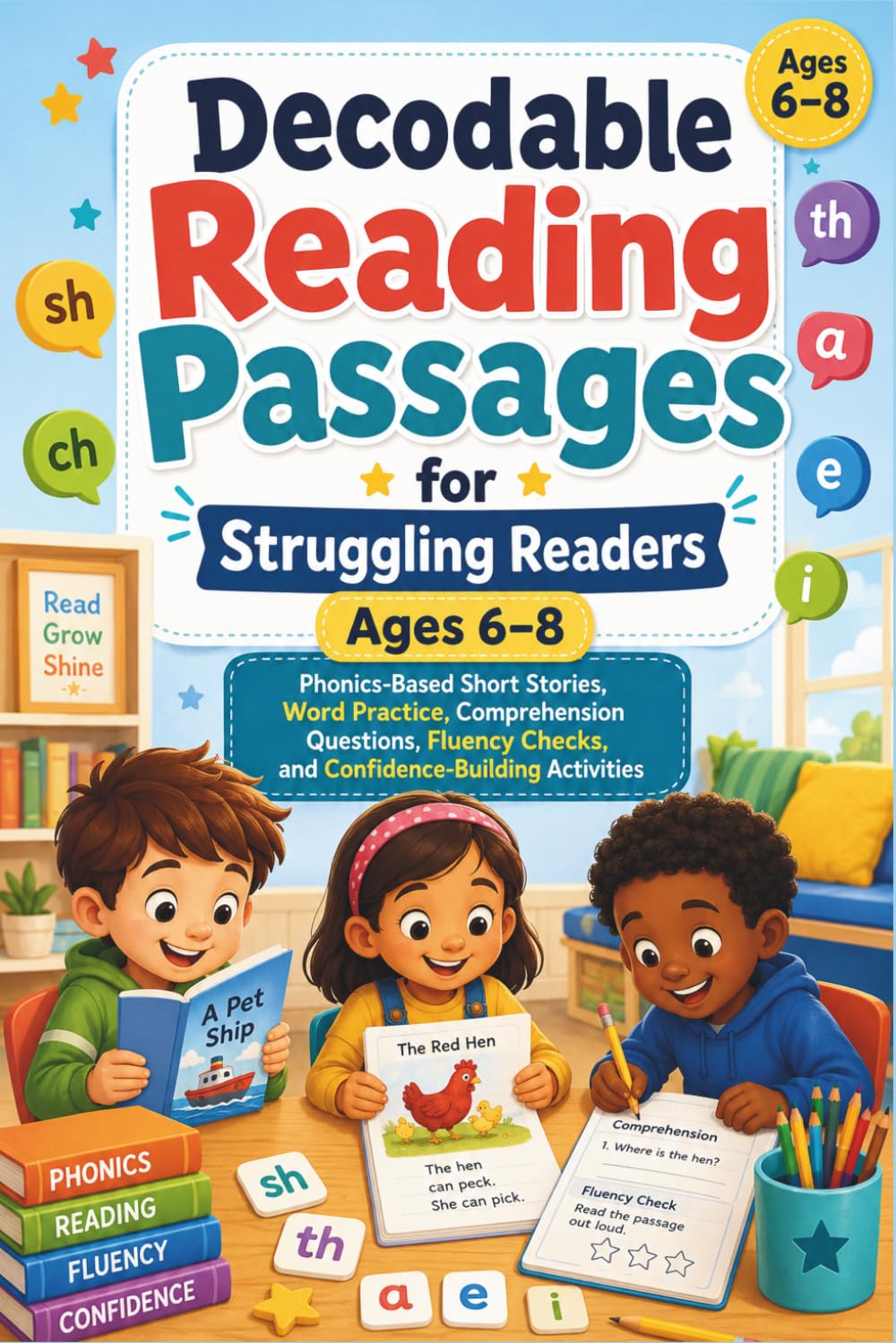 Decodable Reading Passages for Struggling Readers Ages 6–8: Phonics-Based Short Stories, Word Practice, Comprehension Questions, Fluency Checks, and Confidence-Building Activities